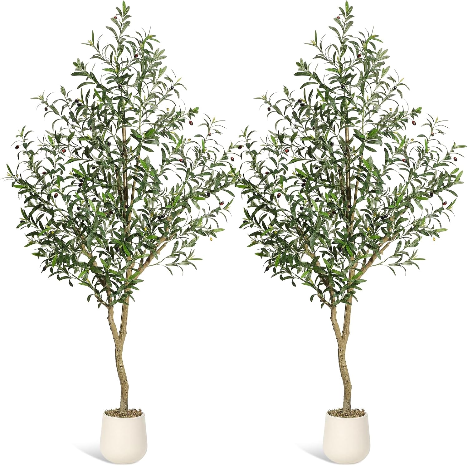 Qeetex LHF-GN-QWP89011 Olive Trees Artificial Indoor 7ft Tall Faux Silk Plant - Fake Potted Tree with White Planter Artificial Plants with Natural Wood Trunk and Lifelike Fruits for Home Office Decor 2 Pack