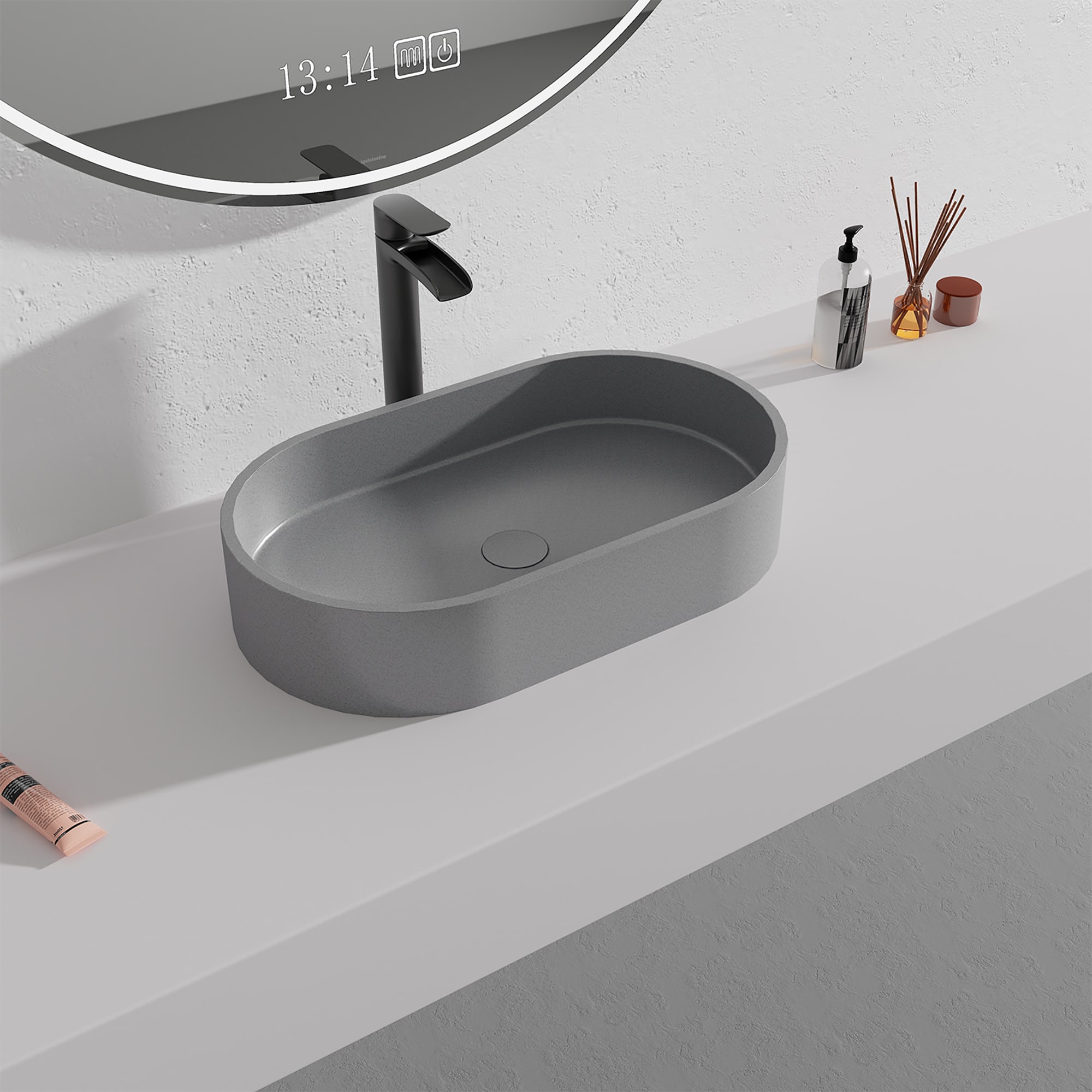 CASAINC YS-FH-SINK-021-WE Concrete 13.77-in Vessel Elliptical Rustic Mottled Bluish Grey Bathroom Sink with Drain Included