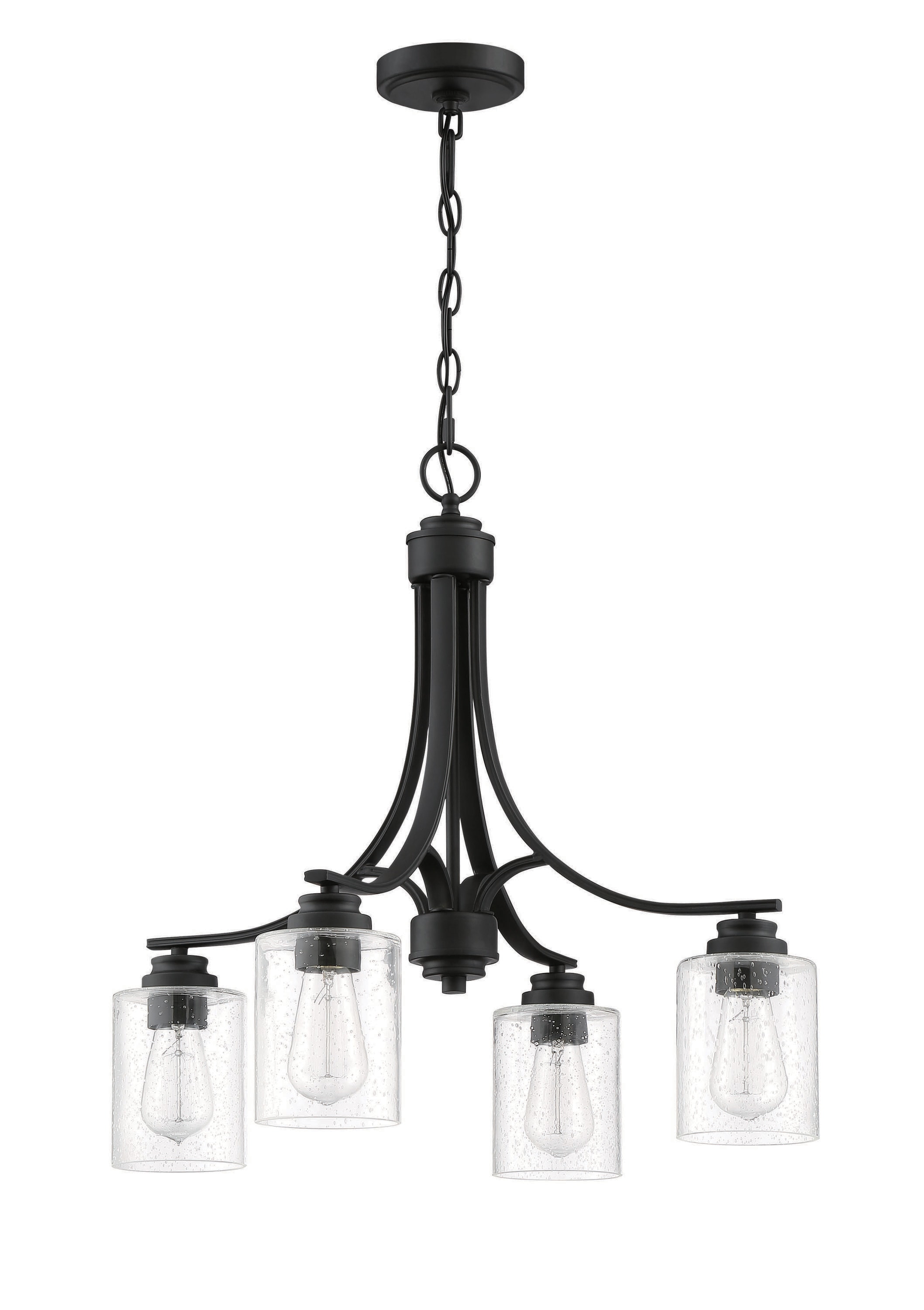 Flat Black and Clear Seeded Glass 4-Light Chandelier