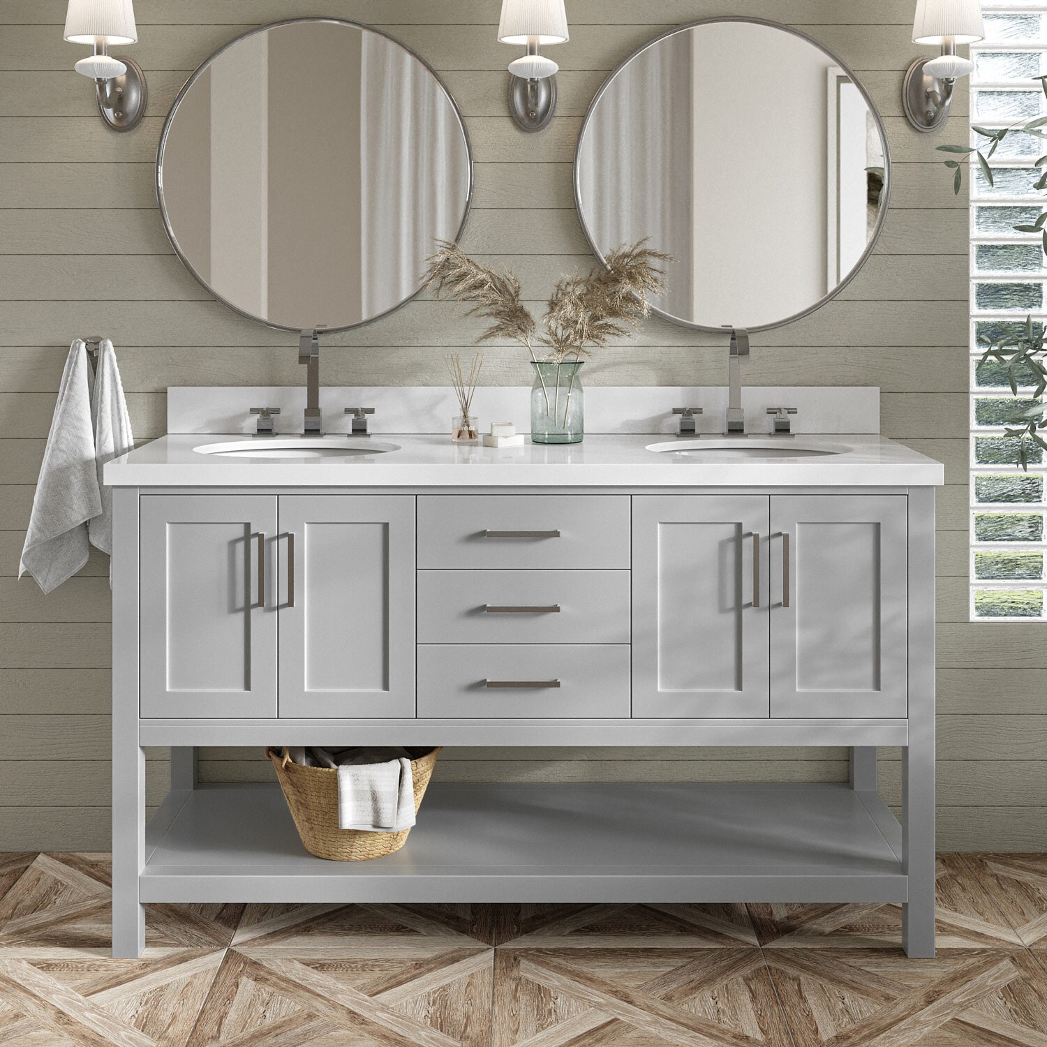Gray Double Freestanding Vanity with White Top