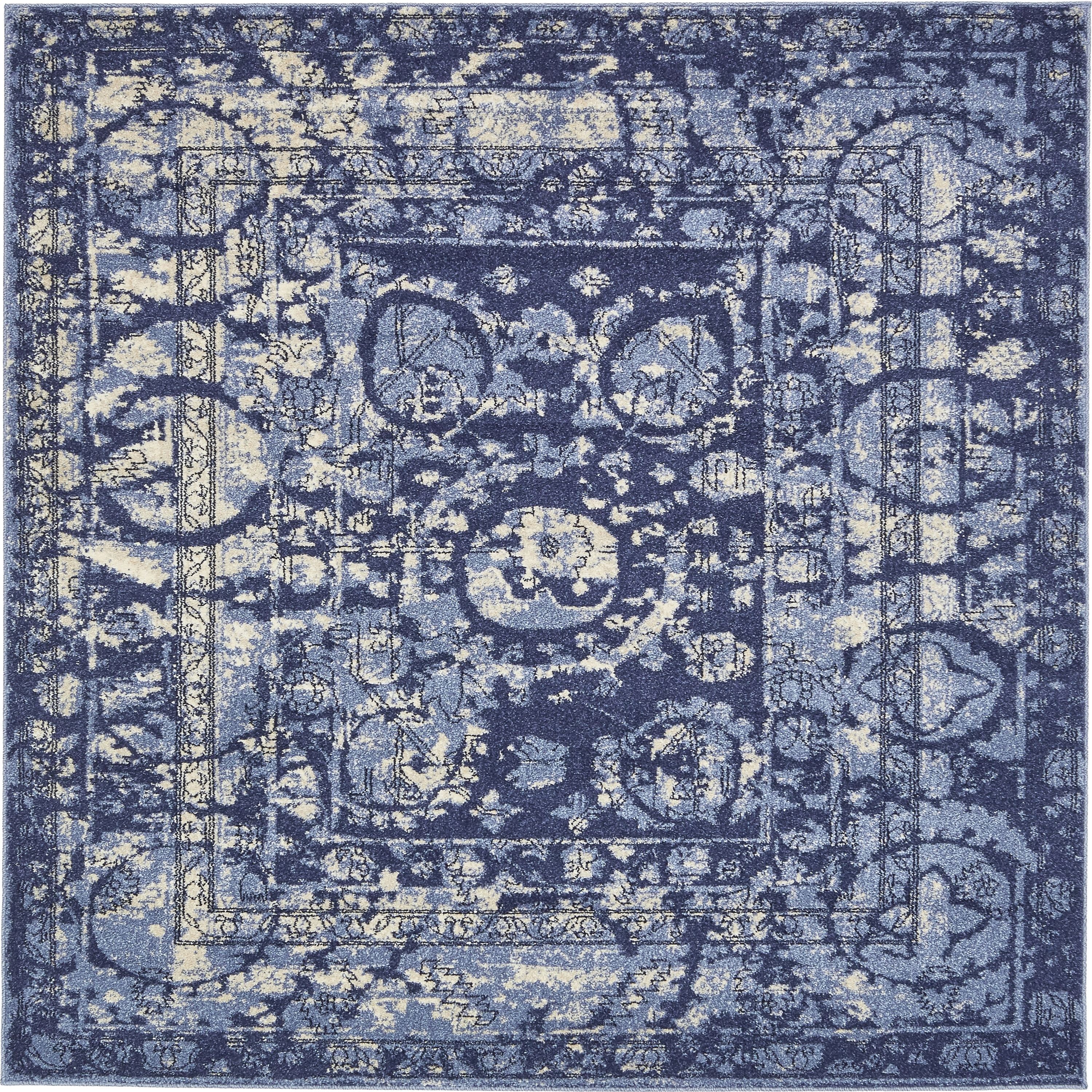 Miranda Modern Vintage Square Indoor Rug in Rich Blue Tones