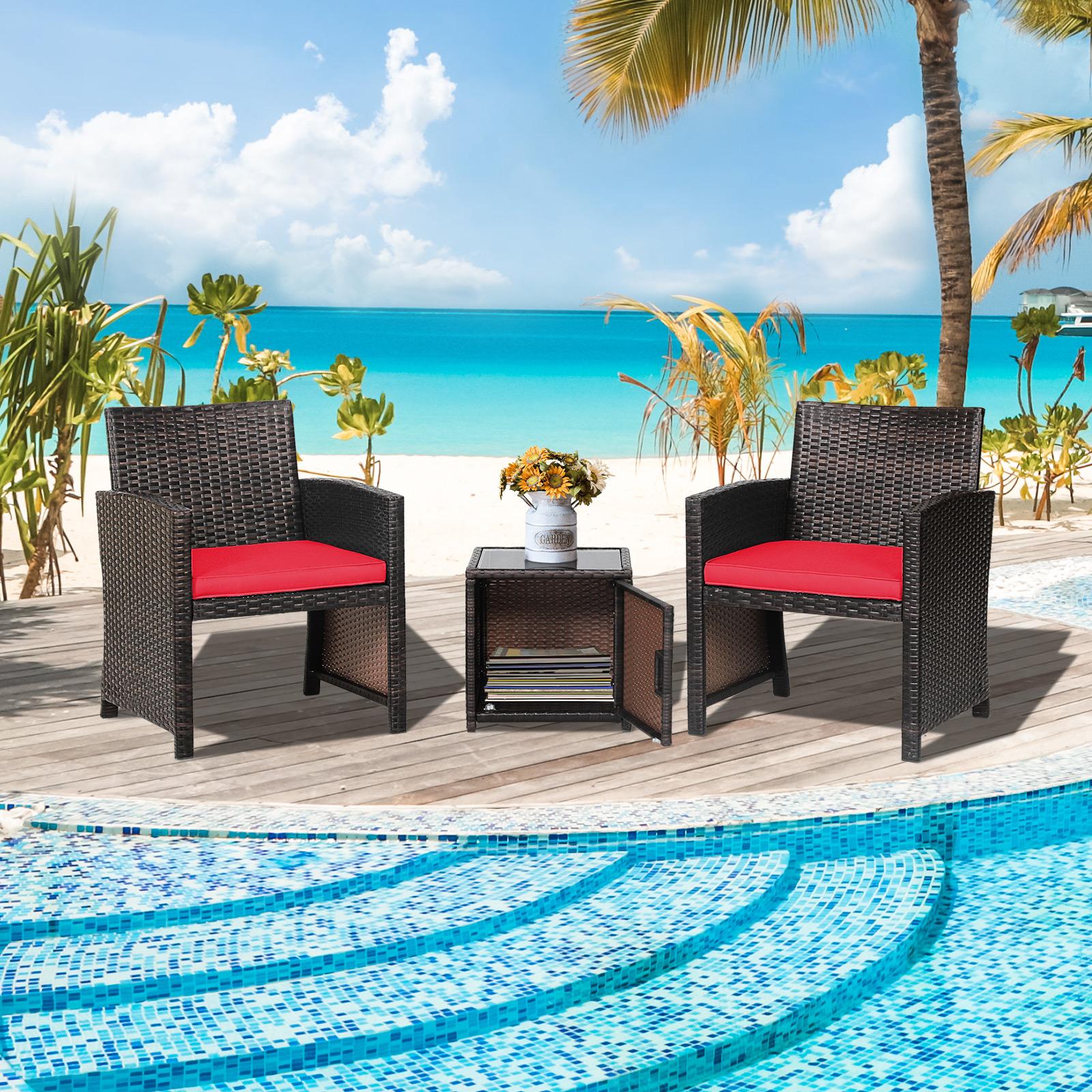 BABOOM BOM-9444RE-CO 3 -Piece Rattan Patio Conversation Set with Red Cushions
