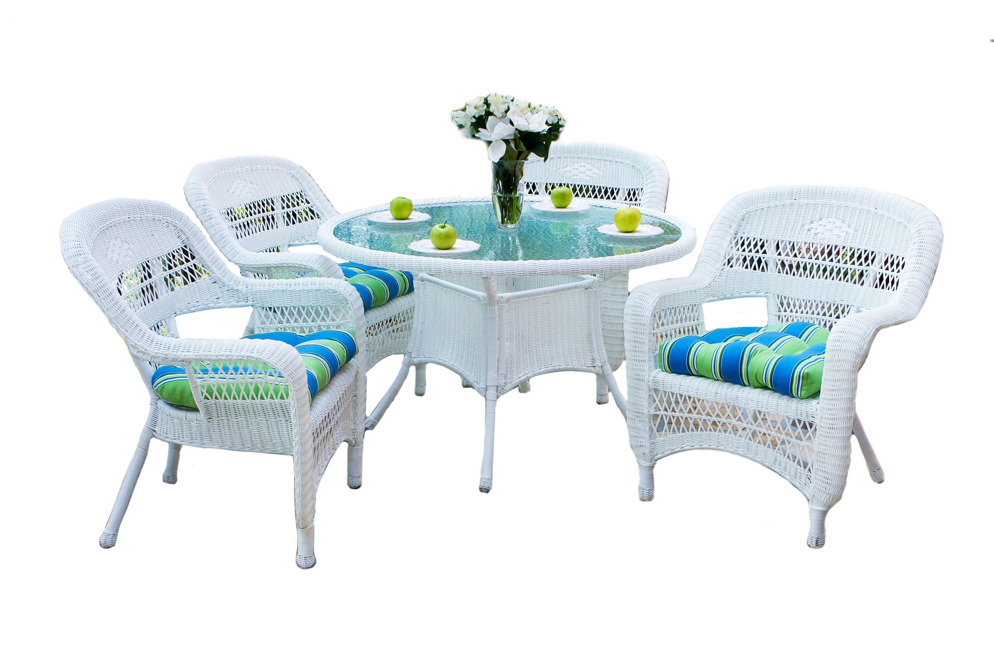 Tortuga Outdoor PSD-WH  HALI Portside 5 -Piece Coastal White Wicker Patio Dining Set Resin Round Table with 4 Multiple colors/finishes Cushions Stationary Chairs
