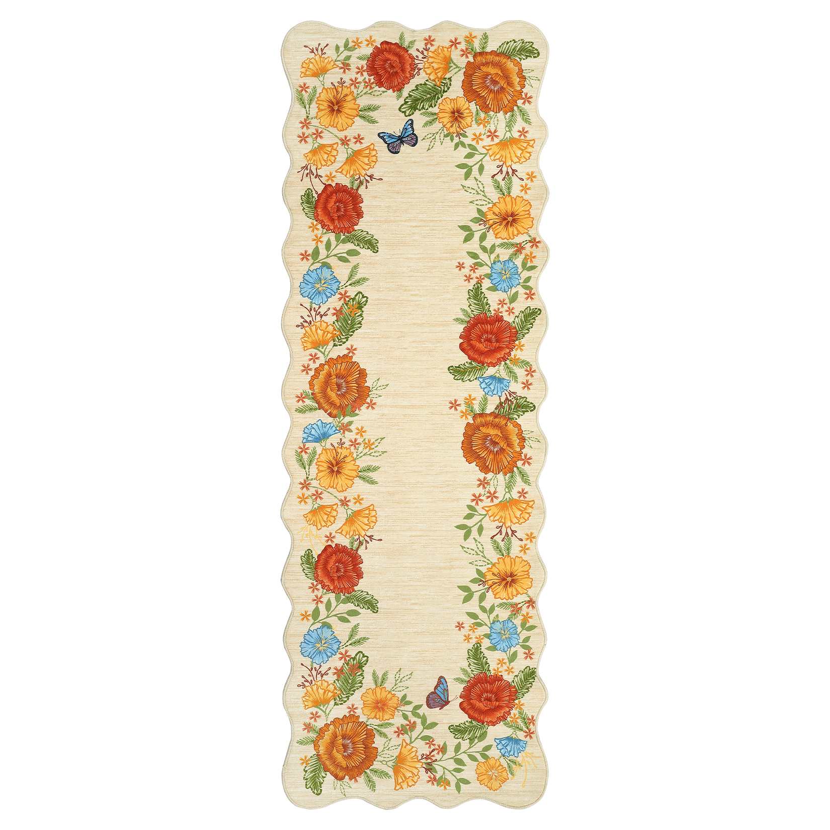 Qeetex SUNNY-PHK-339U5RTS 2 x 6 ft Polyester Yellow Rectangular Laundry Bathroom Kitchen Botanical Floral Print Modern Machine Washable Runner Rug