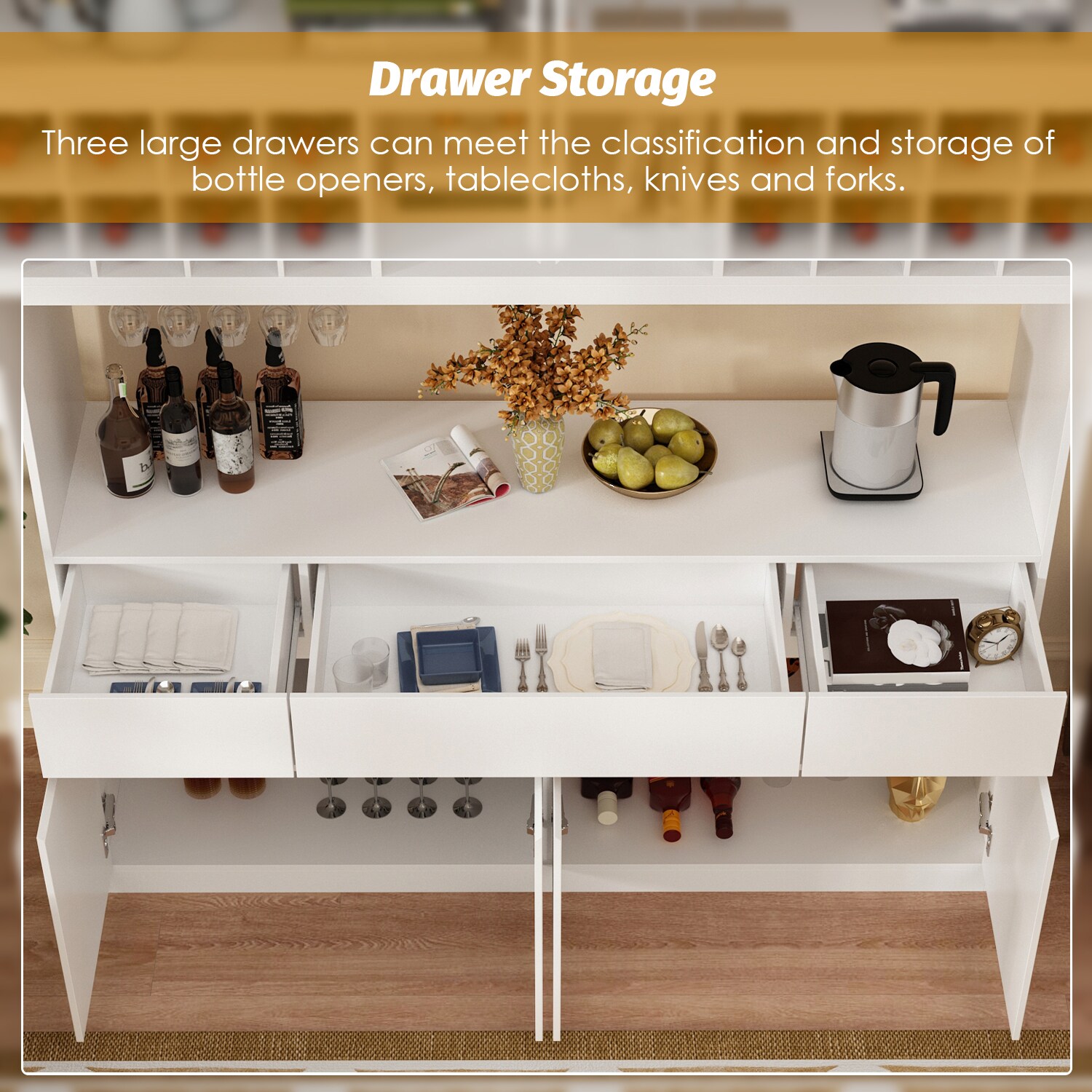 Basicwise Contemporary/Modern White Wood Pantry with Wine Storage