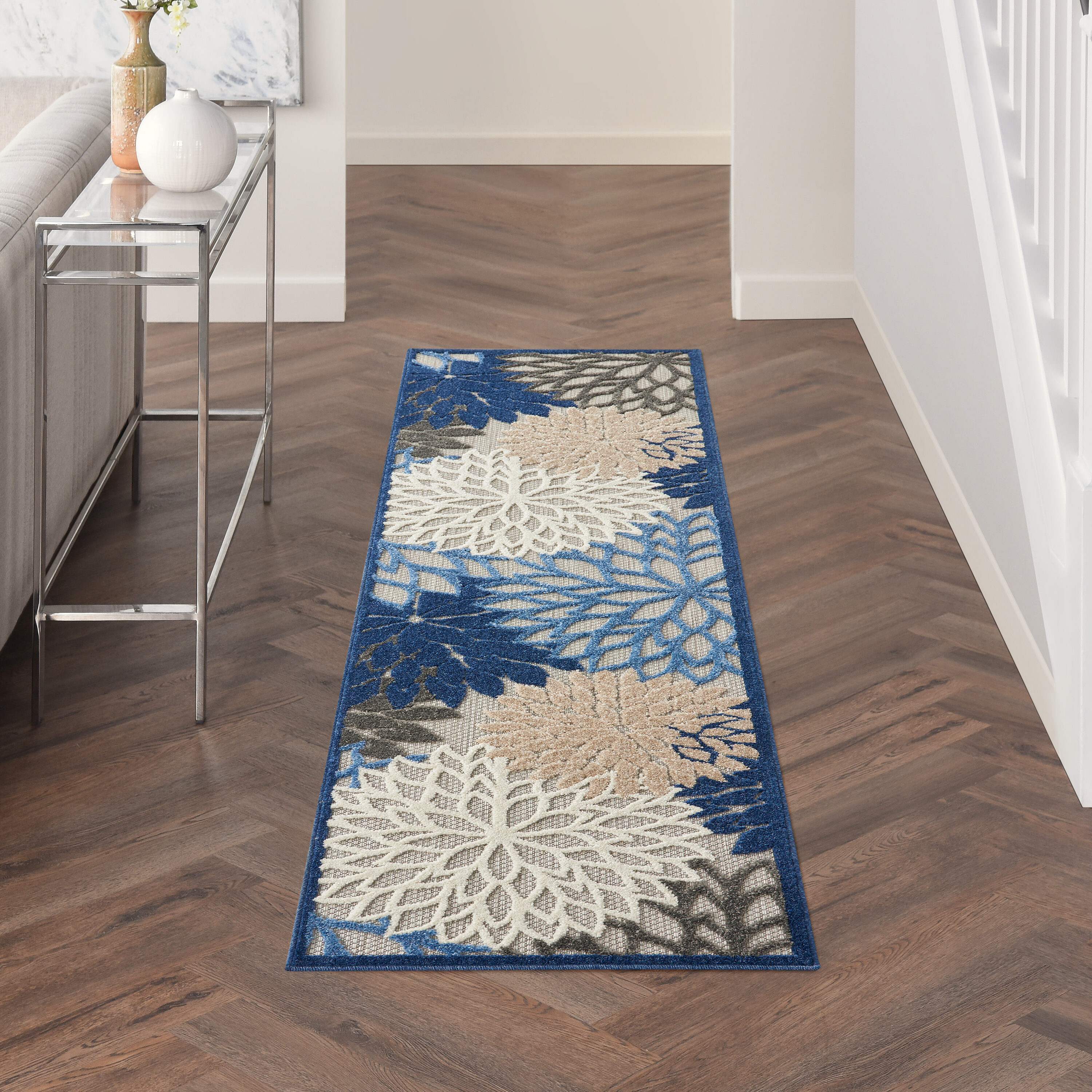 Nourison 99446739865 Aloha 2 x 8 (ft) Loomed Polypropylene Blue Rectangular Indoor/Outdoor Floral/Botanical Farmhouse/Cottage Area rug
