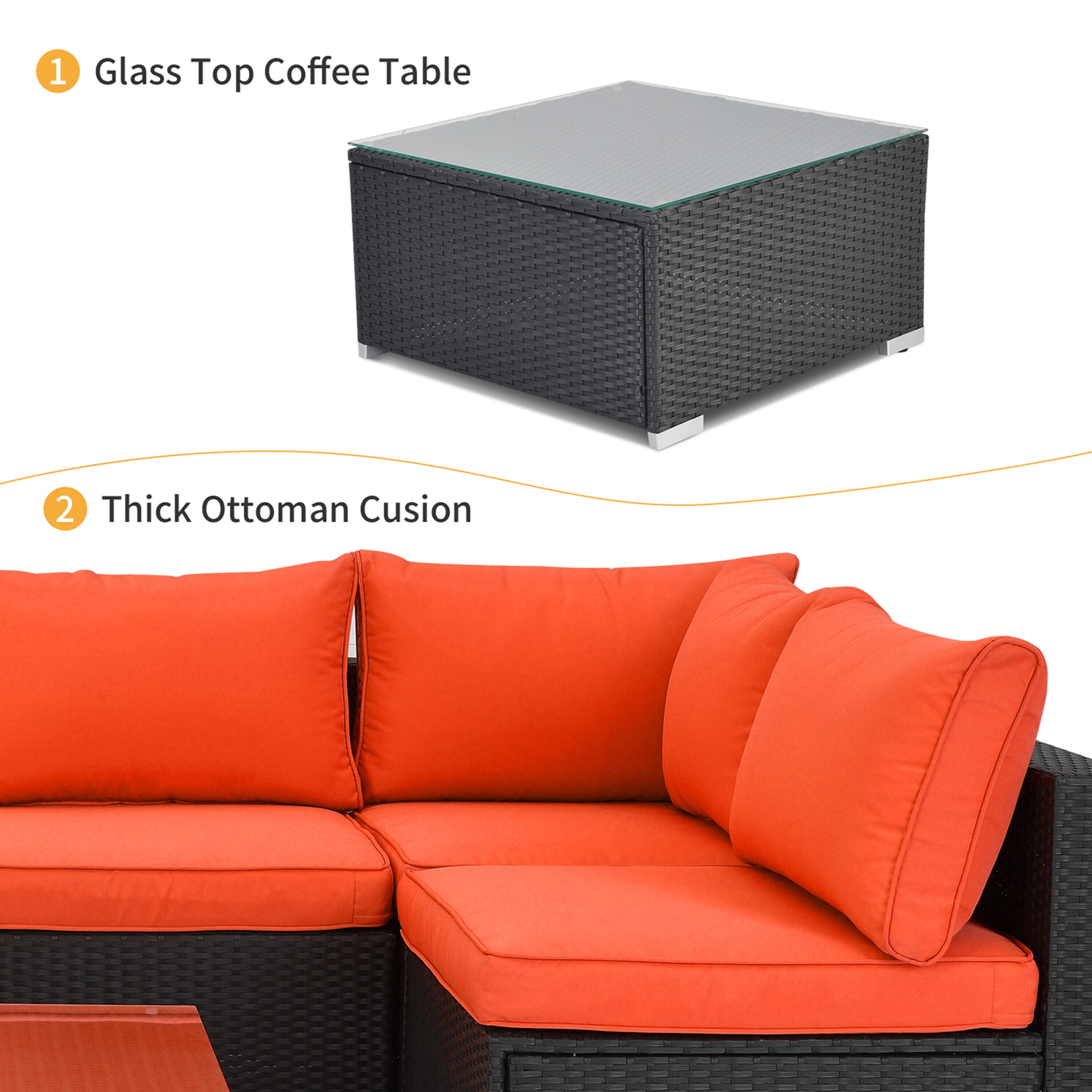 Kinbor New 4 PCs Rattan Patio Outdoor Furniture Set Garden Lawn Sofa Sectional Set Black Orange-4PCs 