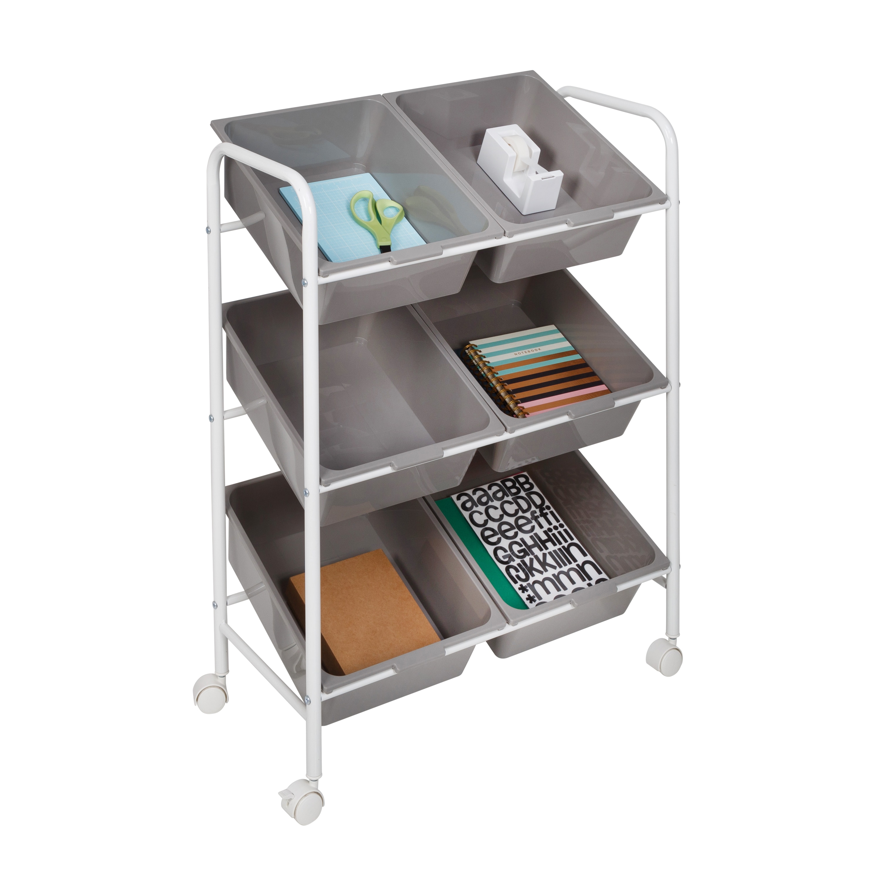 Gray and White 6-Bin Rolling Storage Cart