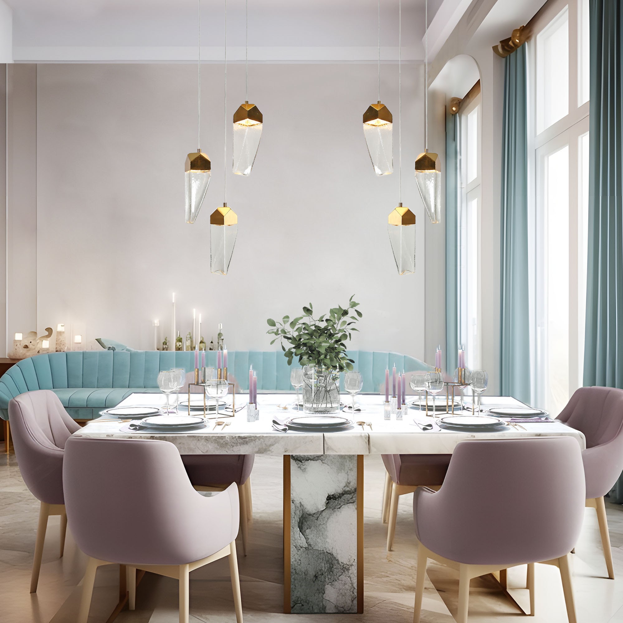 Polished Gold Brass and Crystal 3-Light LED Pendant Chandelier