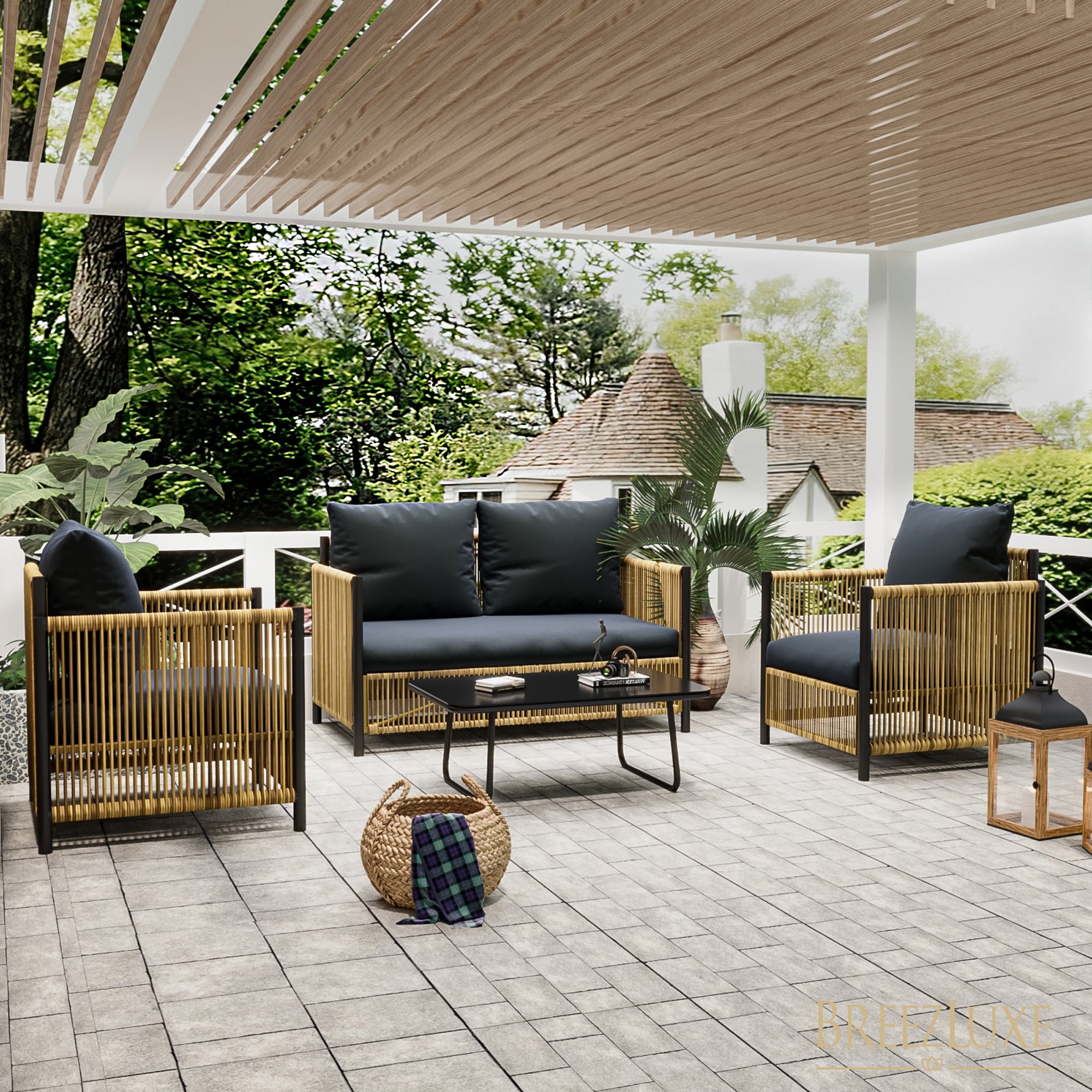 ModernLuxe L-W400S00028 4 -Piece Wicker Patio Conversation Set with Gray Cushions