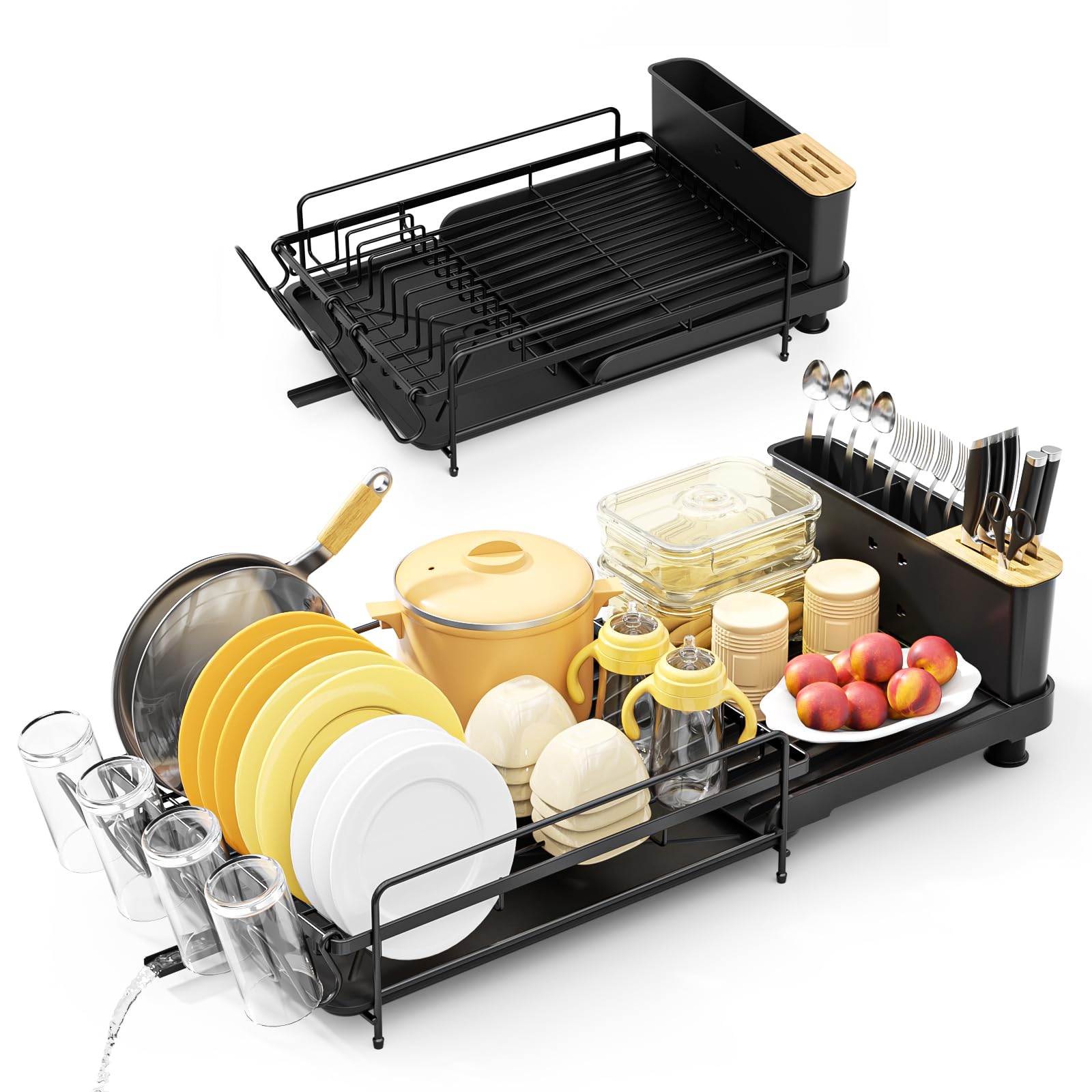 UUDULY  Large Dish Drying Rack Expandable Stainless Steel Dish Drainer for Kitchen Counter with Drainboard Utensil Holder Cup Holder Adjustable