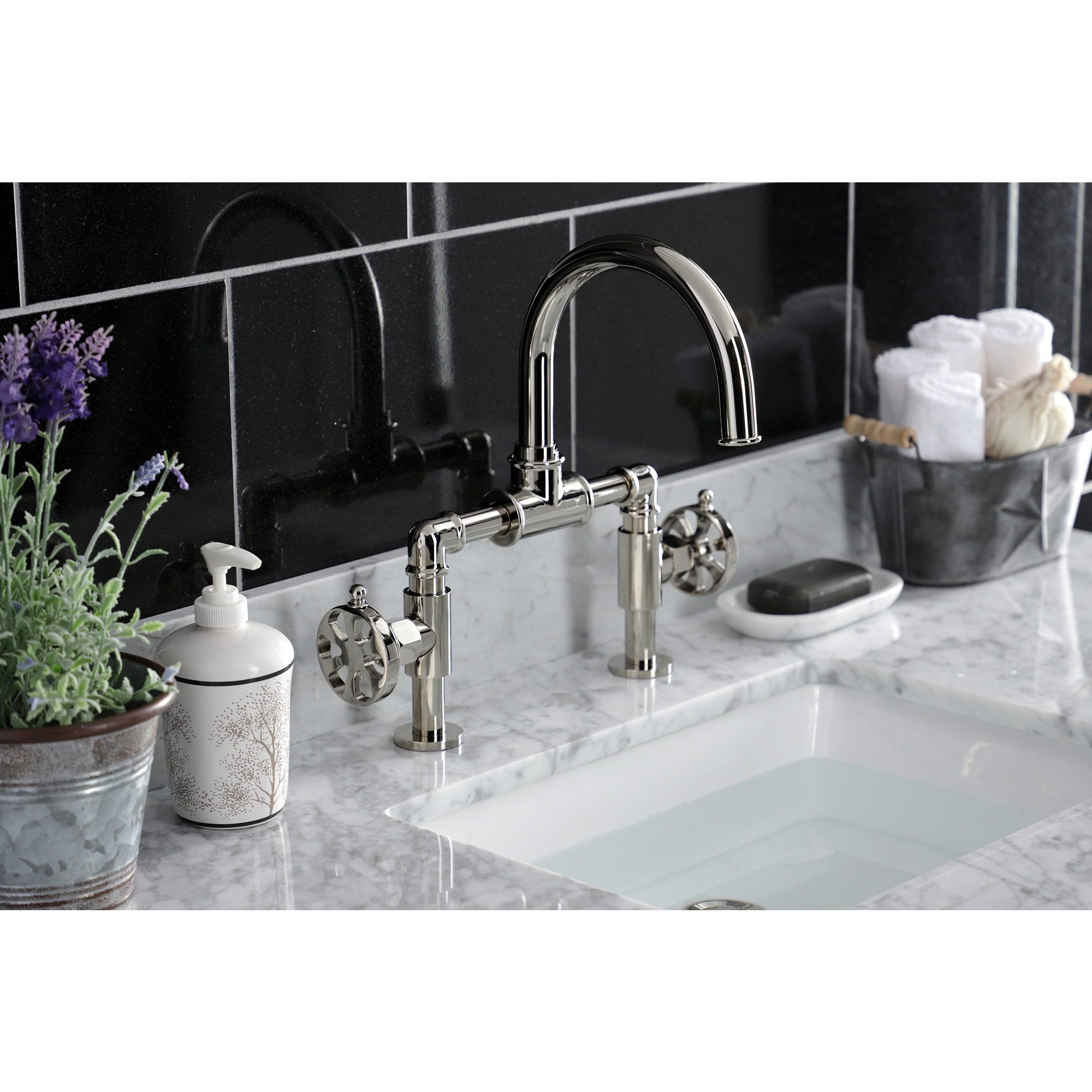 Kingston Brass WLKS2176RX Belknap Polished nickel 2-hole 2-handle High-arc Residential Handle Bathroom Sink Faucet with Drain