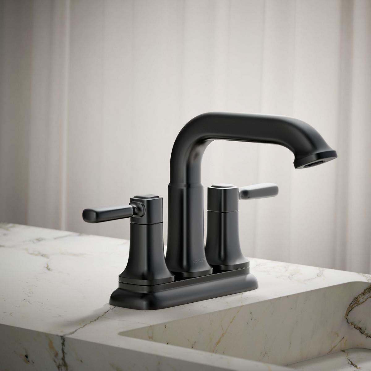 KOHLER Ealing Matte Black 4-in centerset 2-Handle WaterSense Bathroom Sink  Faucet with Drain K-R33043-4D-BL at Lowes.com