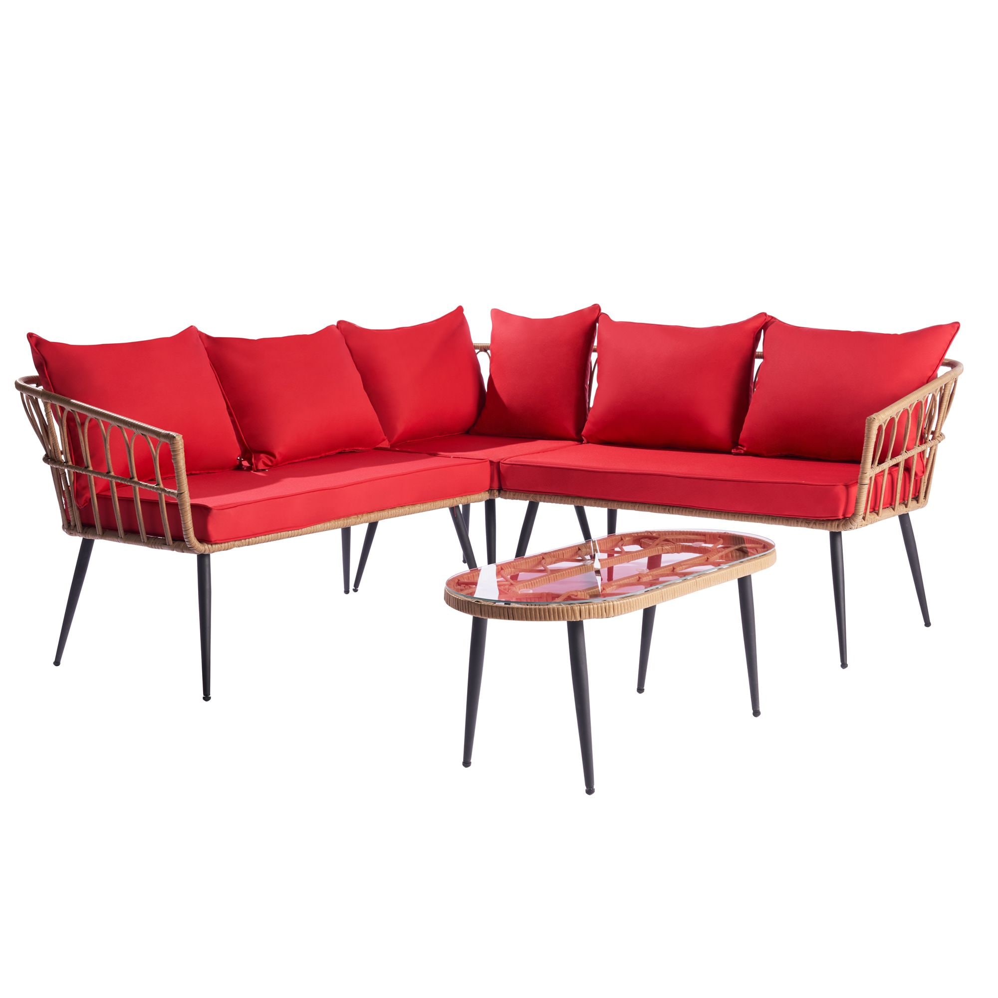 SANSTAR LRS-156BR Patio Coversation Set 4 -Piece Wicker 2 Patio Sofa Conversation Set with Red Polyester Cushions