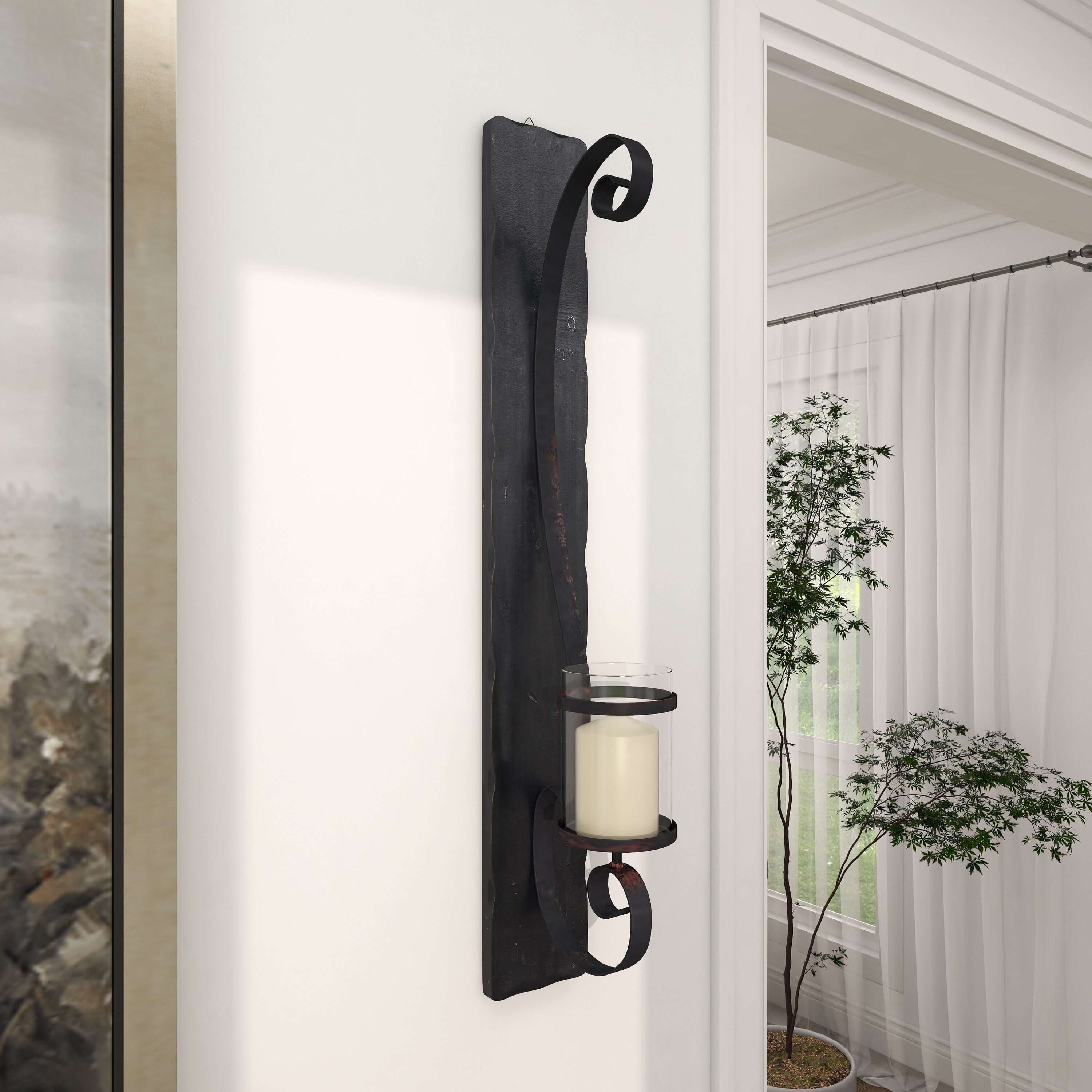 Black Metal and Wood Wall Sconce with Hurricane Glass
