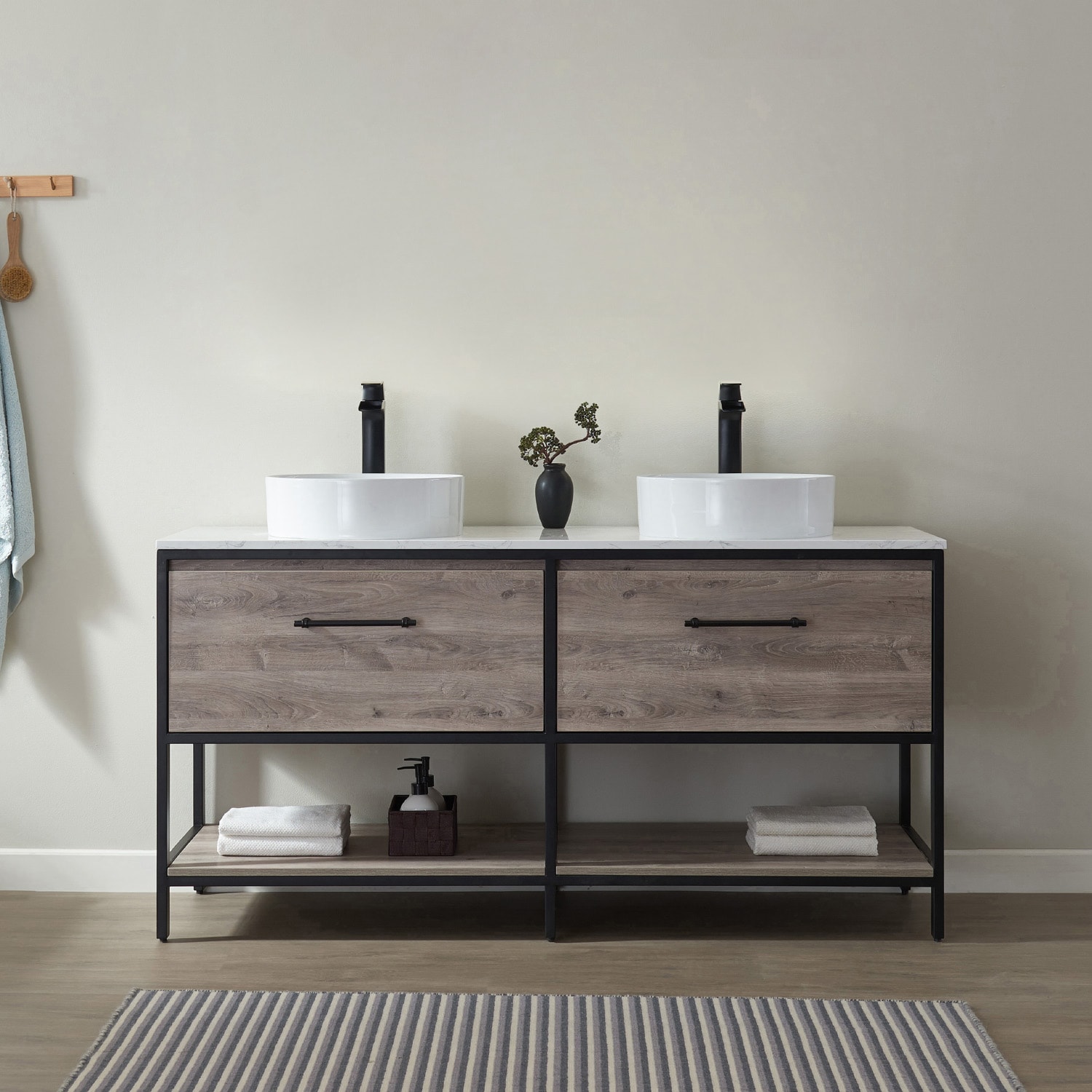 Vinnova 701360-MXO-GW-NM Murcia 60-in Mexican Oak Double sink Bathroom Vanity with White Engineered stone Top