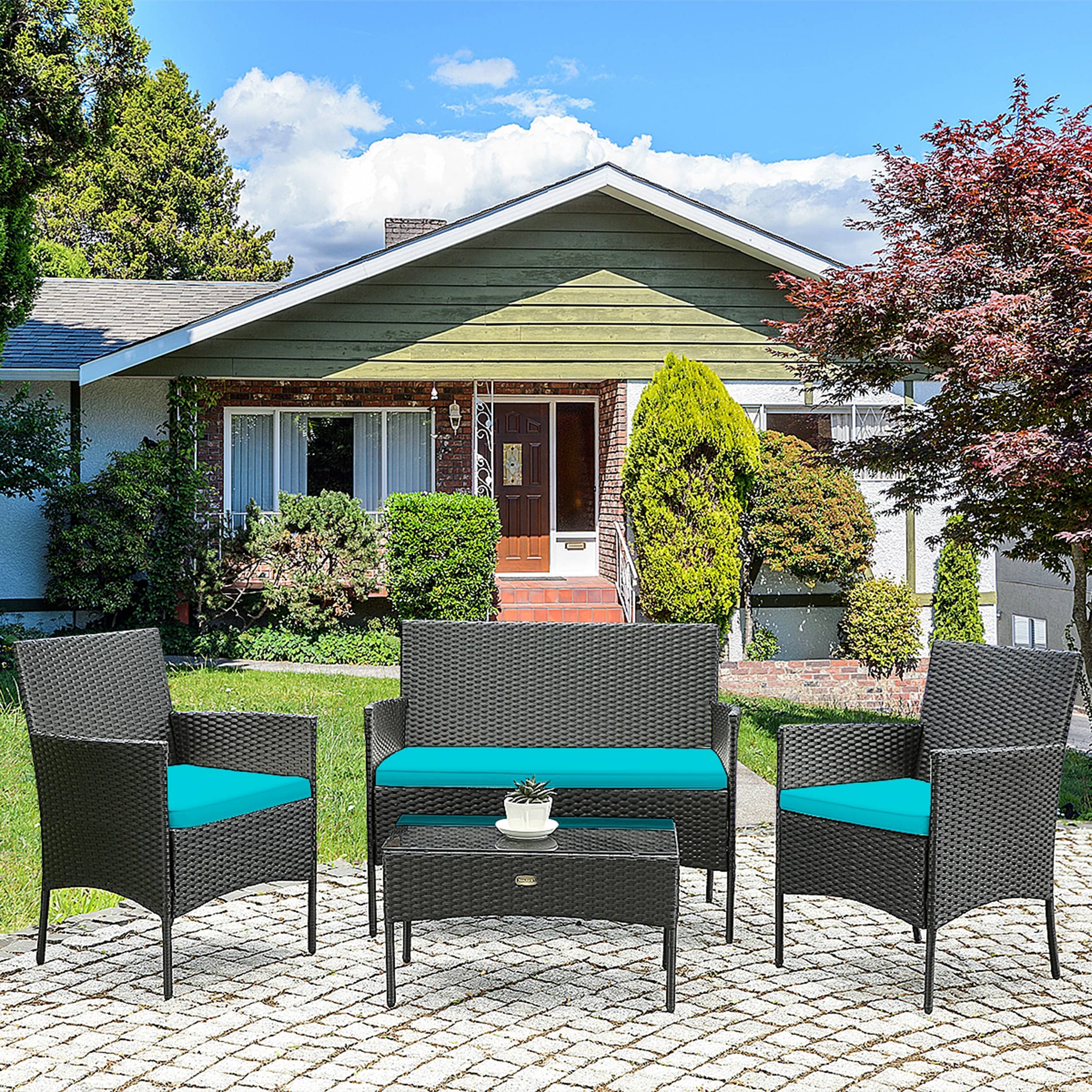 Mondawe OR-WF-609AAA-US 4 -Piece Rattan Patio Conversation Set with Blue Cushions