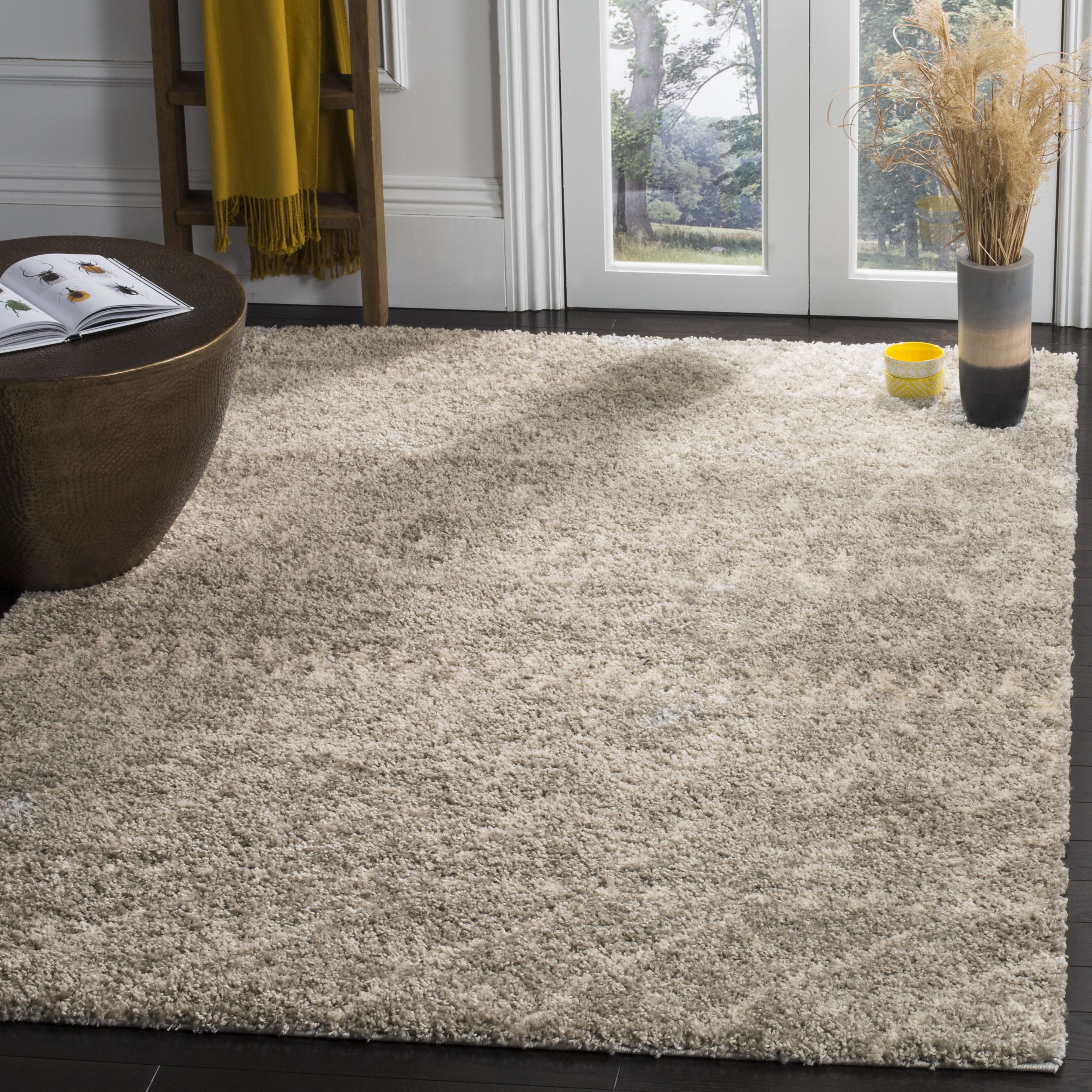 Gray Hand-Knotted Square Shag Synthetic Area Rug