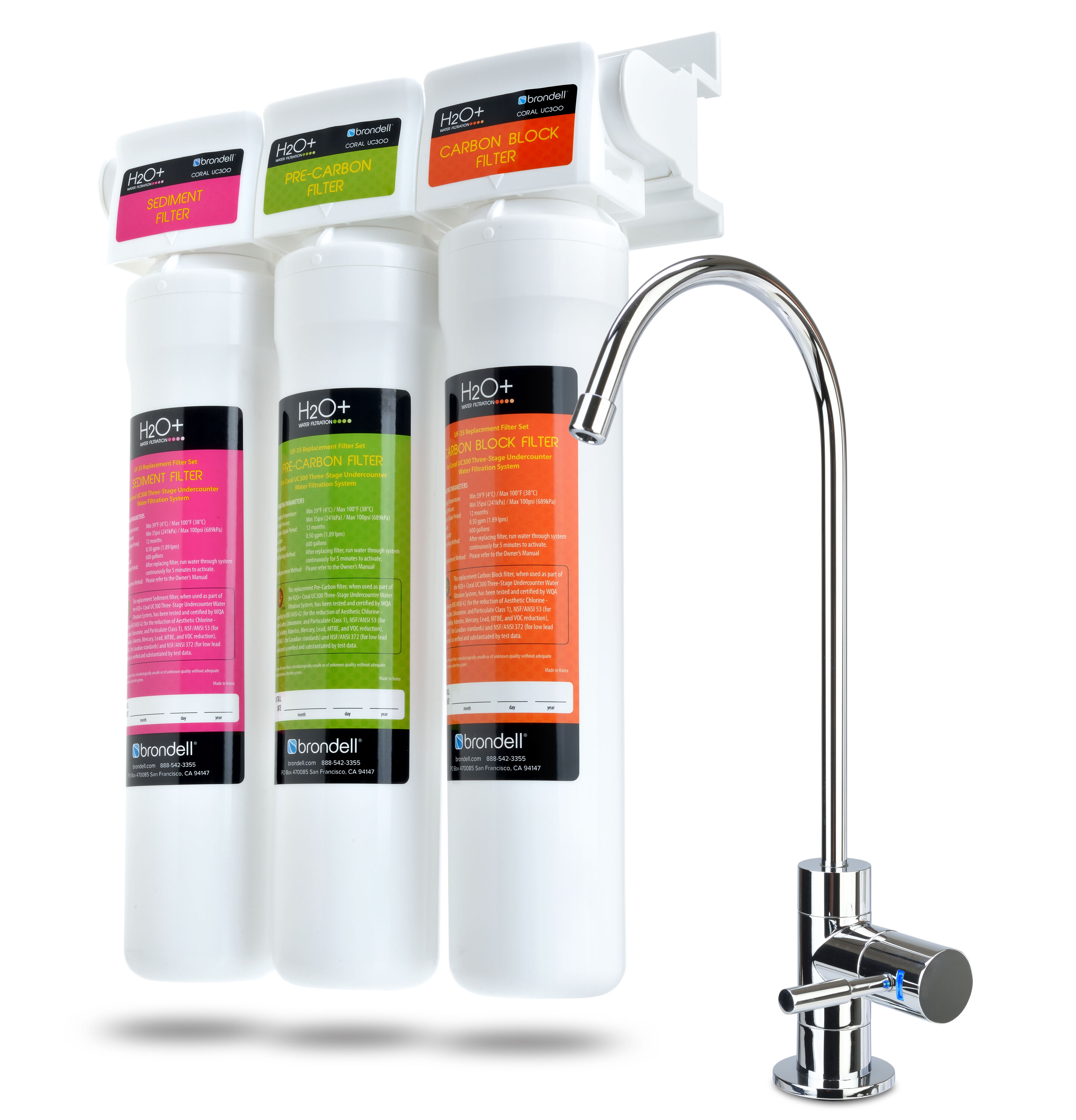 Brondell UC300 H2O+ Coral Triple-stage Carbon Block Under Sink Water Filtration System with Chrome Faucet