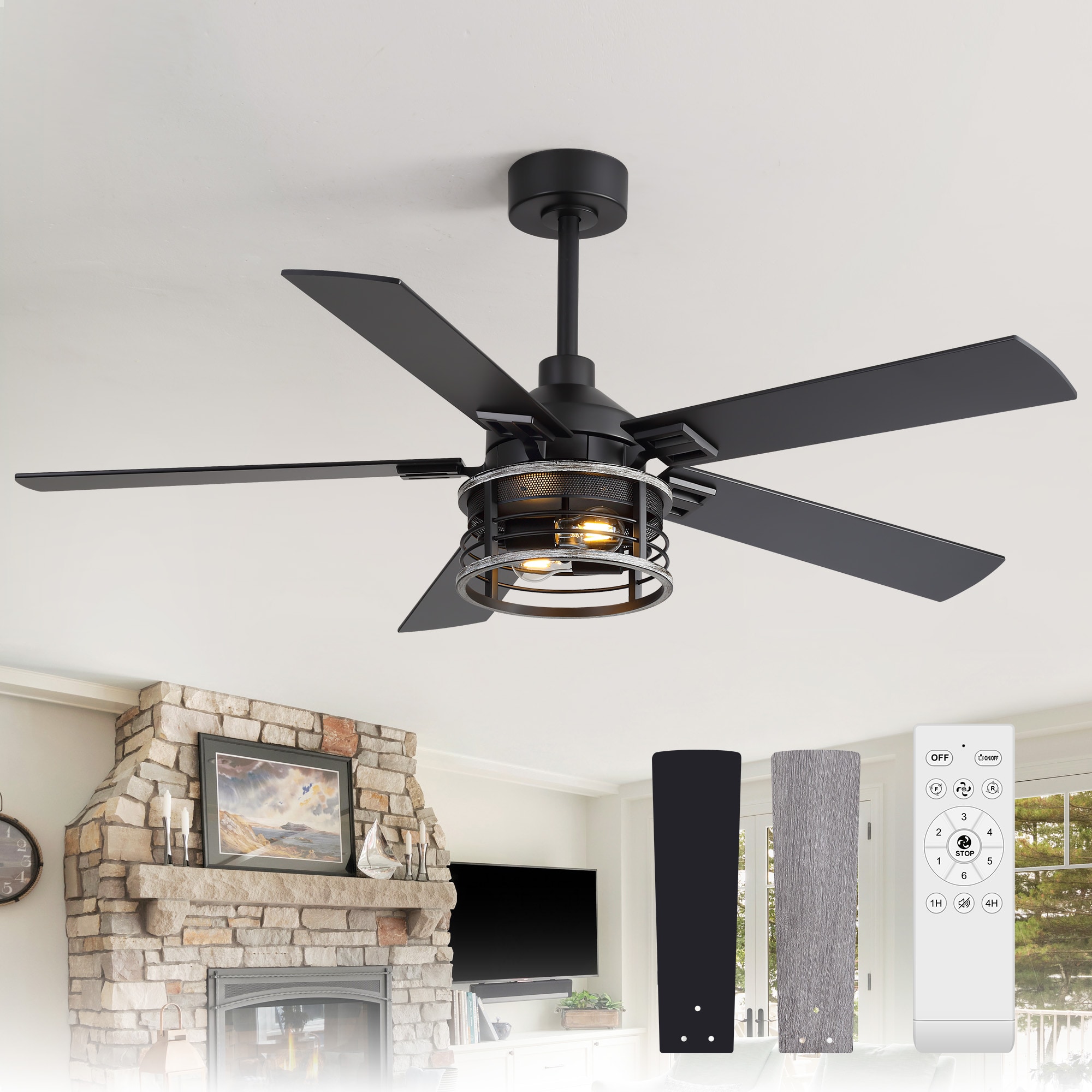 Breezary 33009-GD 52-in Integrated LED Matte Black with Black and Charcoal Wood Blades Chandelier Ceiling Fan With Light 5 -Blade )