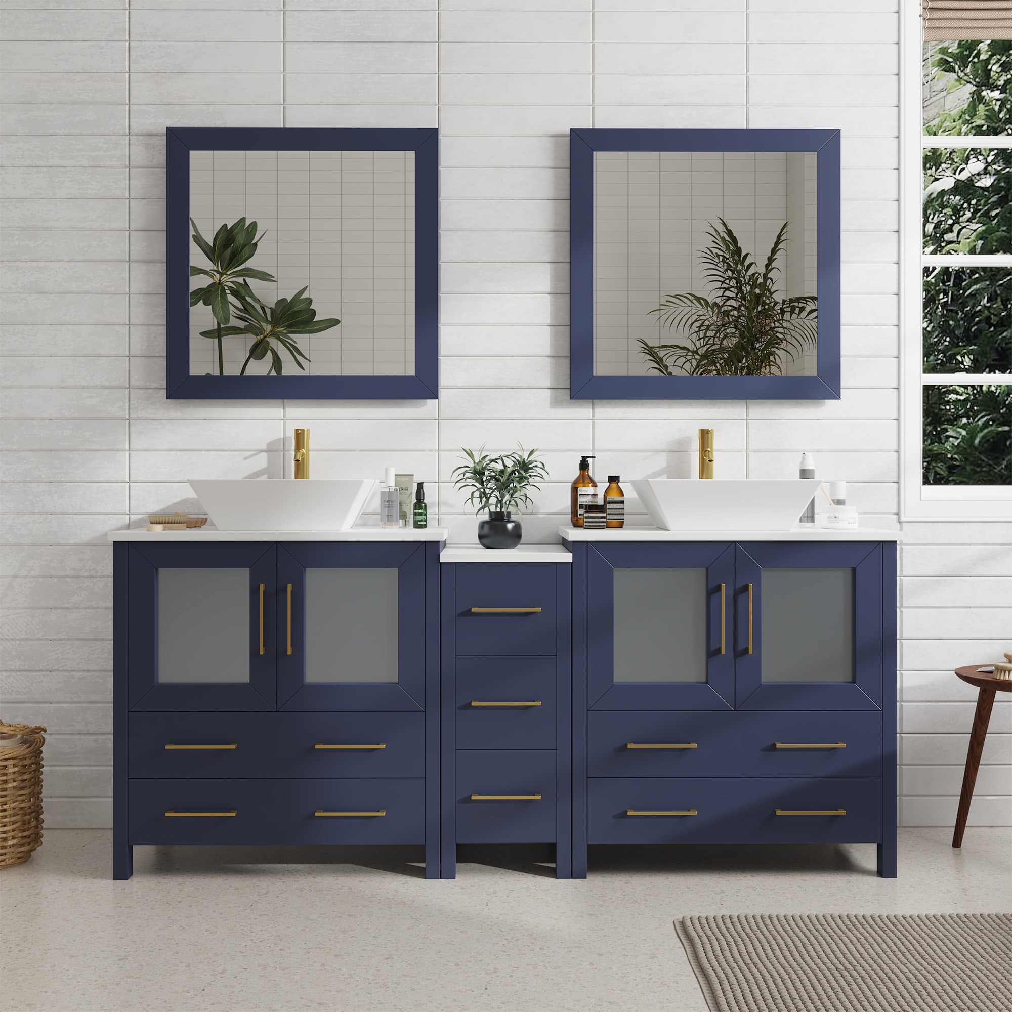 Vanity Art VA3130-72B Ravenna 72-in Blue Double sink Bathroom Vanity with White Engineered marble Top (Mirror Included)