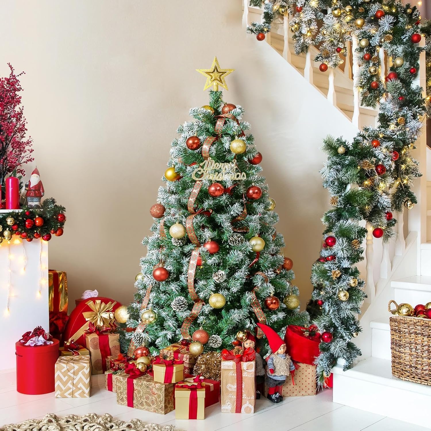 IdealHouse 6ft Pre-Lit Snow Flocked Artificial Christmas Tree With 1000 ...