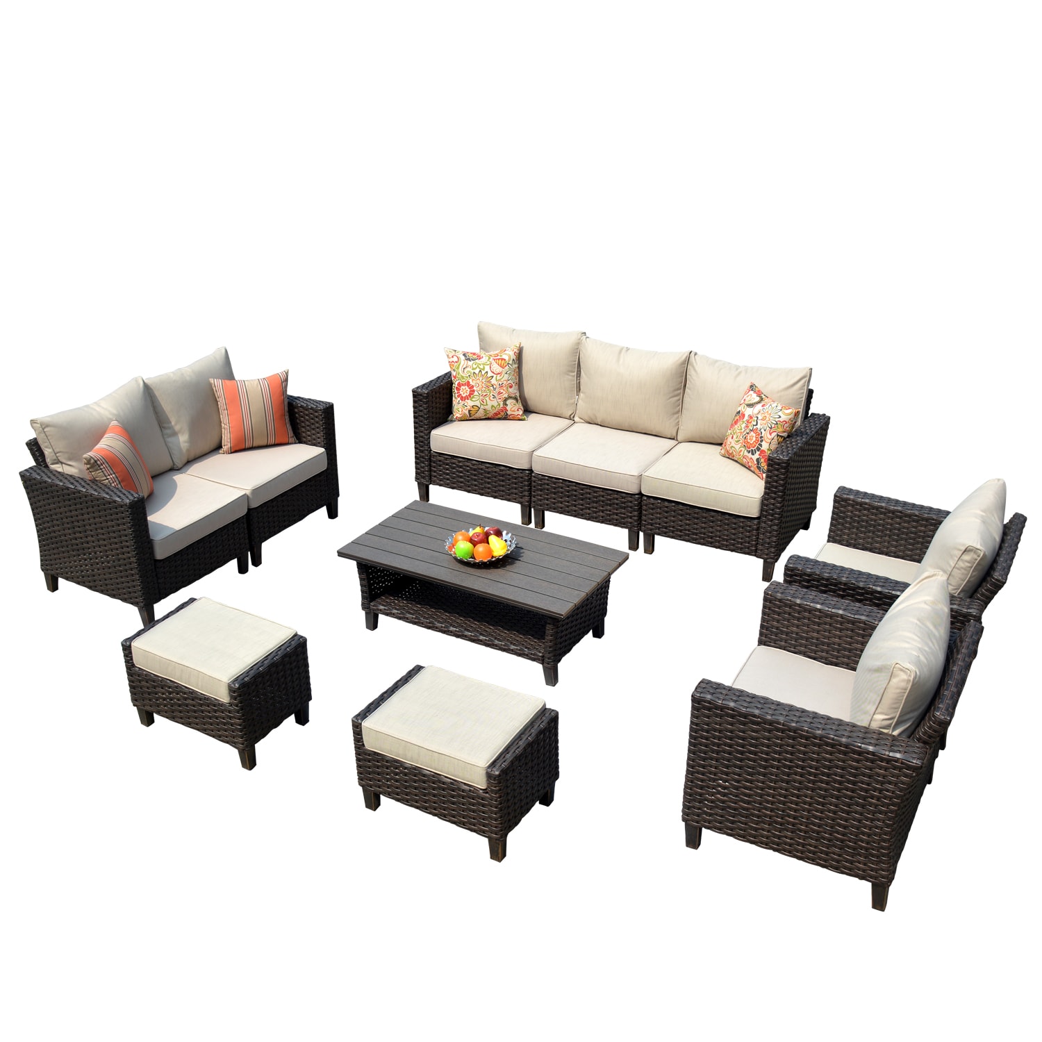 Ovios VS824 Vultros 10 -Piece Woven Patio Sofa Conversation Set with Off-white Cushions