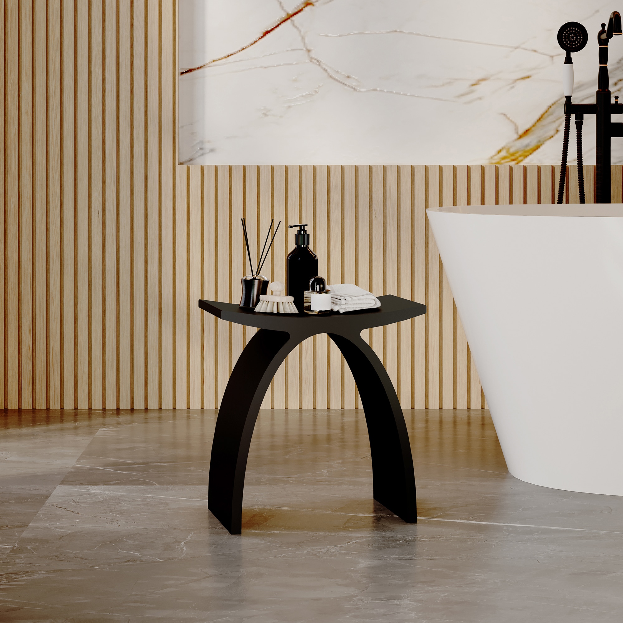 CASAINC 16.5 in W Freestanding Curved Solid Surface Shower Seat in Black #CA-SGX01BLACK