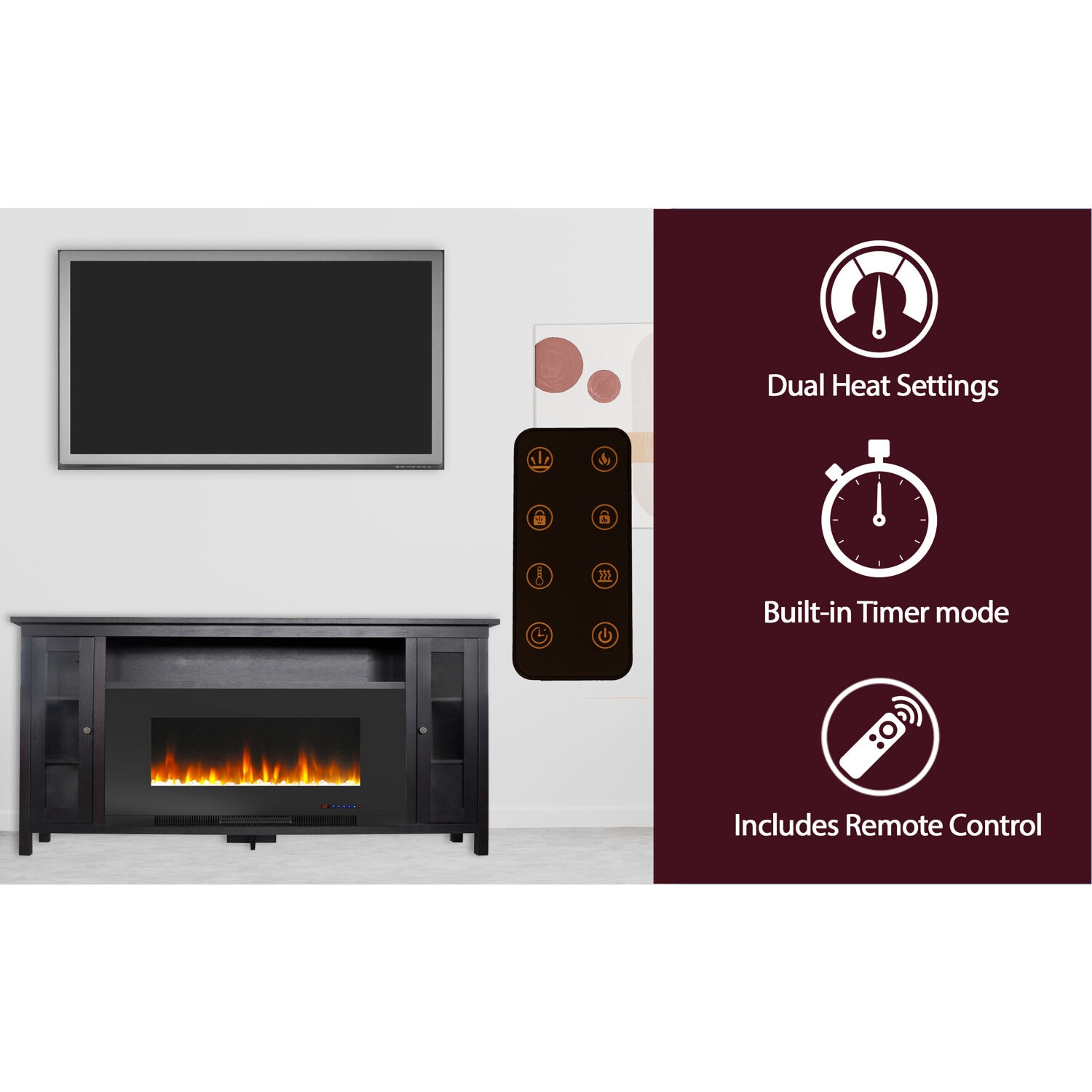 Cambridge 69.7-in W Dark Coffee/Black TV Stand with Fan-forced Electric Fireplace CAM6938-1COF Sansujyuku sansujyuku.com