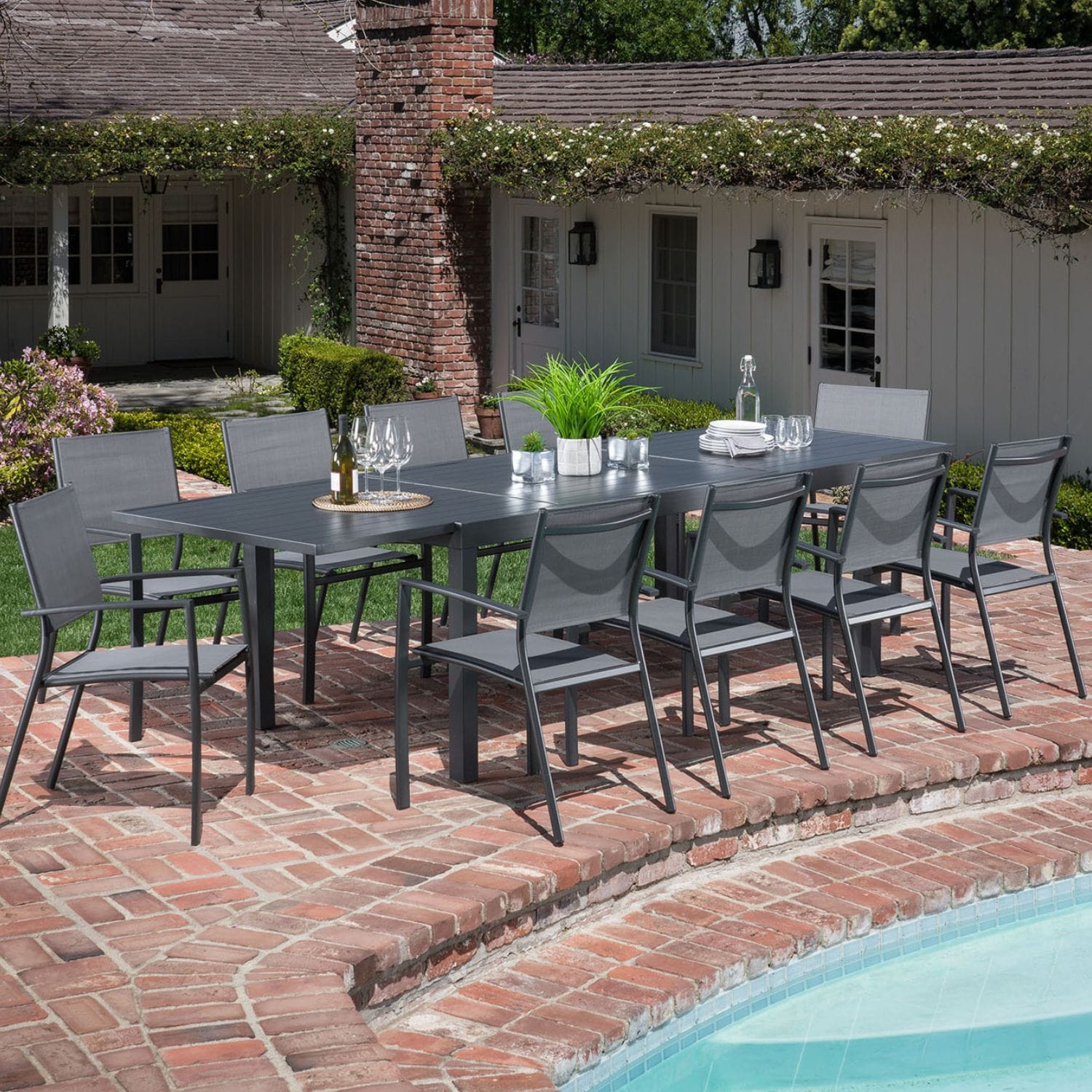 Hanover NAPLESDN11PC-GRY Naples 11 -Piece Gray Patio Dining Set Extendable Table Aluminum Rectangle Table with 10 Gray Stackable Stationary Chairs