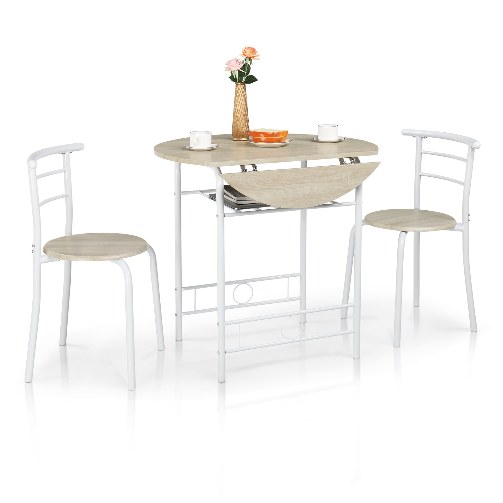 VINGLI 3 Pieces Dining Table with Chair for Small Space/31.5-in Drop Leaf Dining Table Set for 2 White Oak