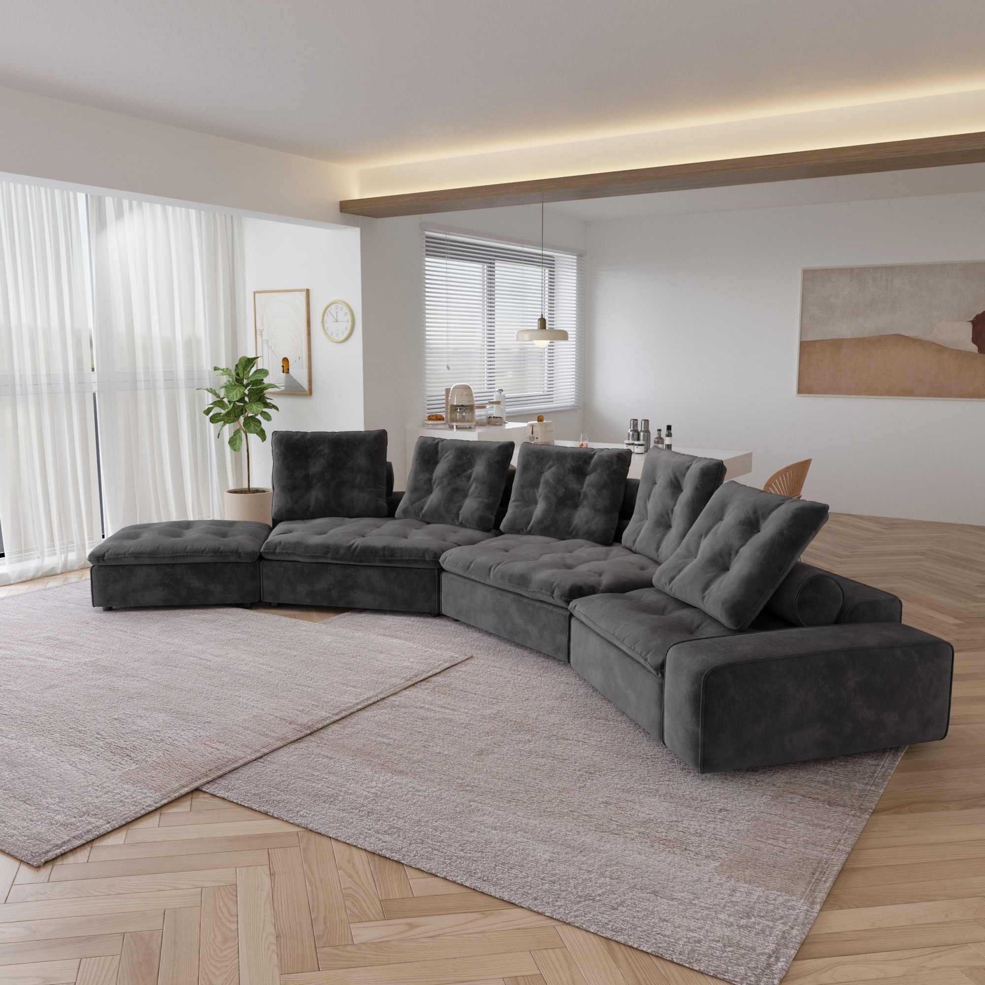 BuotiqHom DH-C1344-136GY 175-in Modern Gray Velvet 6+ -seater Sectional