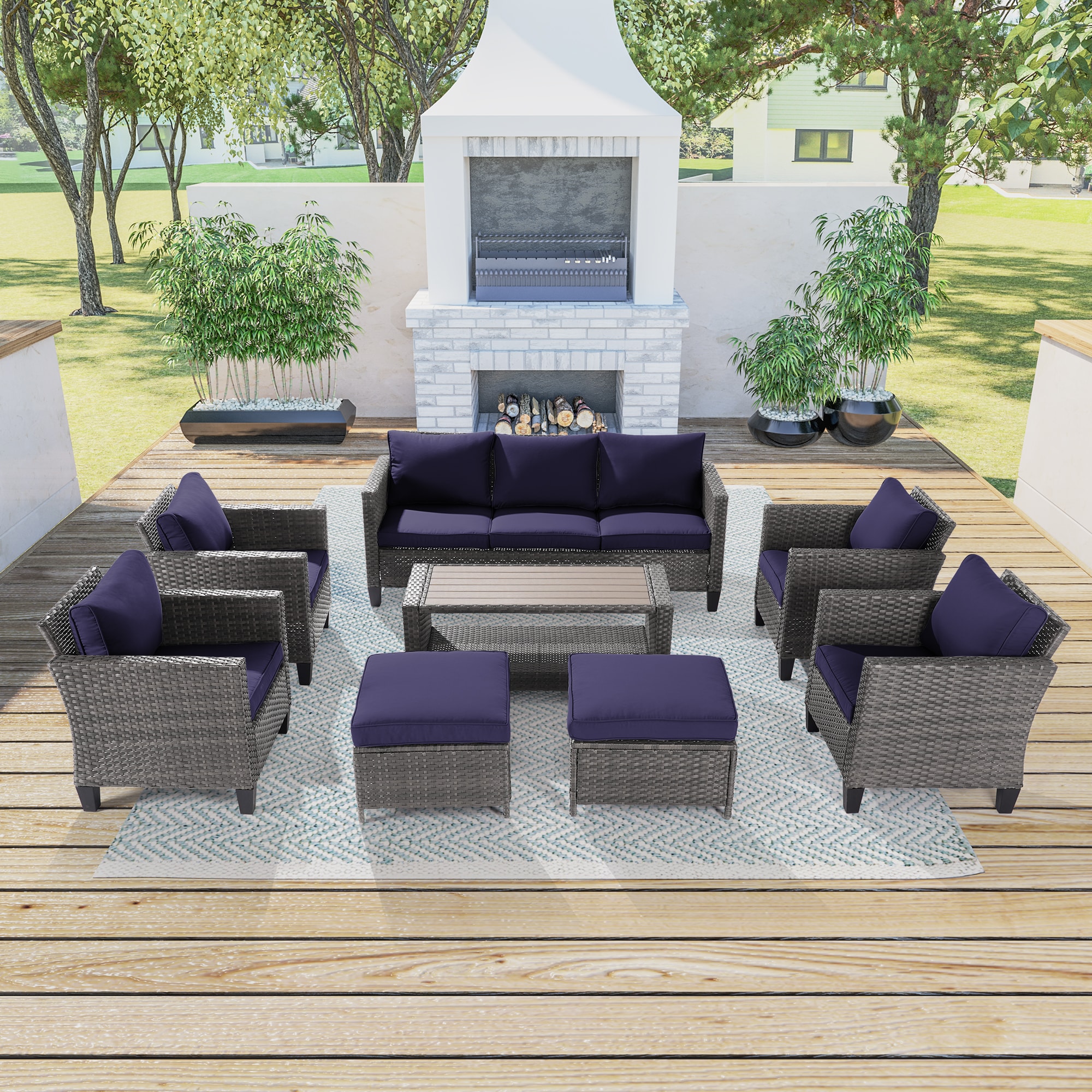 Sonkuki SD-PS-115HNY-S2T1 Patio Conversation Set 8 -Piece Wicker Patio Sofa Conversation Set with Navy Cushions