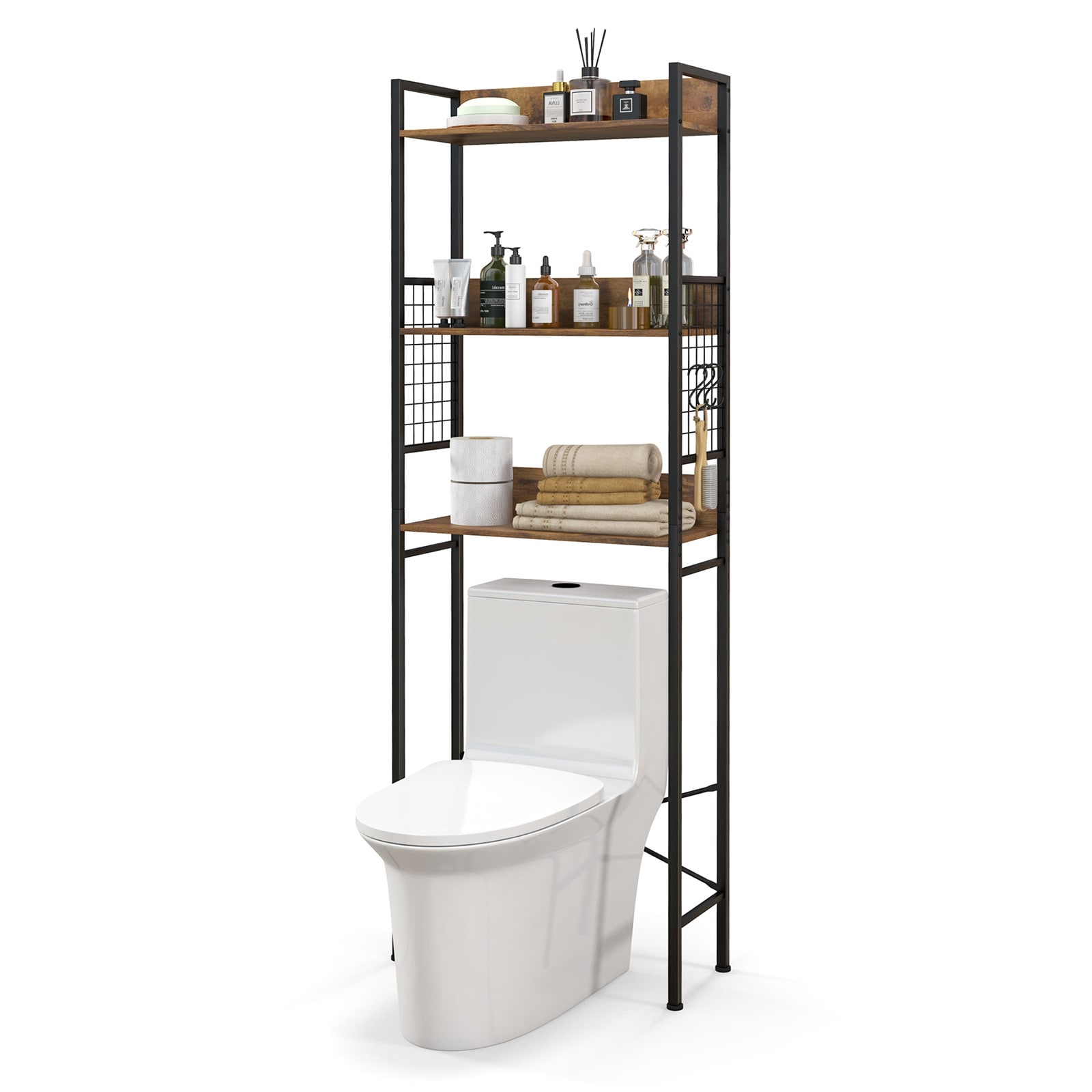Slickblue D-CO-FC4087AB Industrial Rustic Over-Toilet Shelf - 23.5 x 68 x 9.5 Rustic Brown Over-the-Toilet Storage – 3 Hooks Anti-Tip Space-Saving for Bathroom Kitchen Balcony