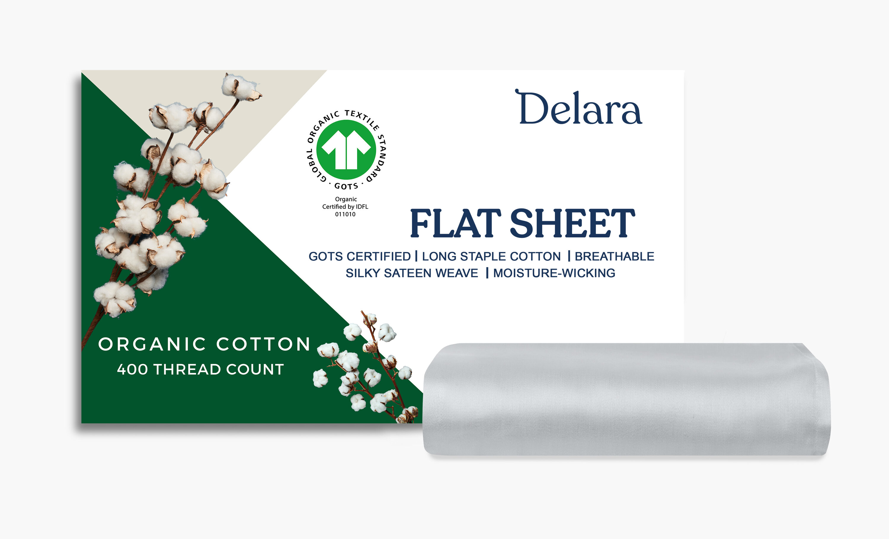 Delara  GOTS Certified Organic Cotton Flat Sheet 400TC Long Staple Cotton Ultra Soft Silky Moisture-Wicking and Breathable Best Sheets for Hot Sleepers
