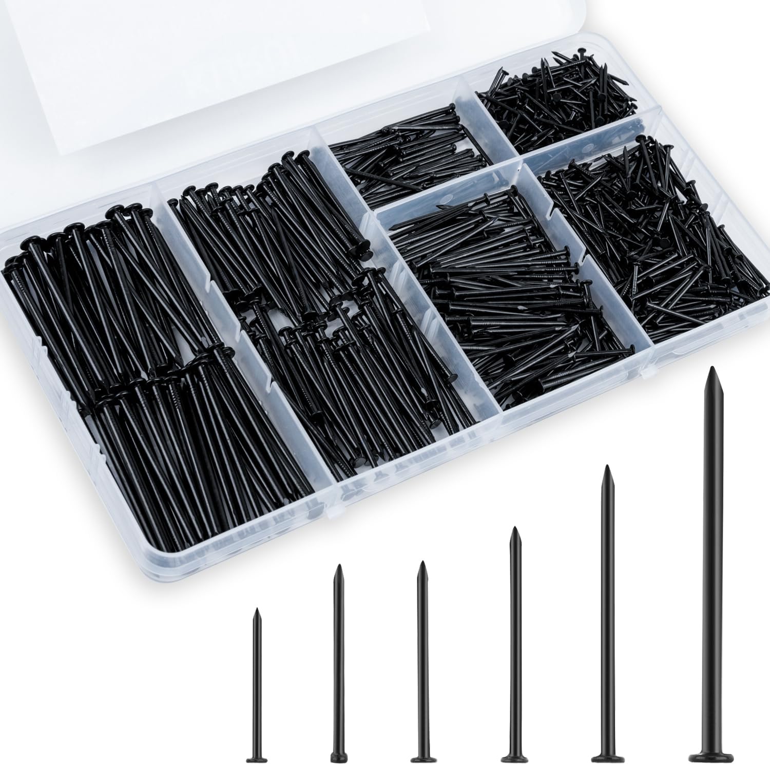 KURUI  Black Nails for Hanging Wall Decor Tapestry Pictures Frame 700pc Picture Hangers for Bedroom Bathroom Office 6 Sizes Small Finish Nails Assortment Kit 640 Frame Nails and 60 Finishing Nails