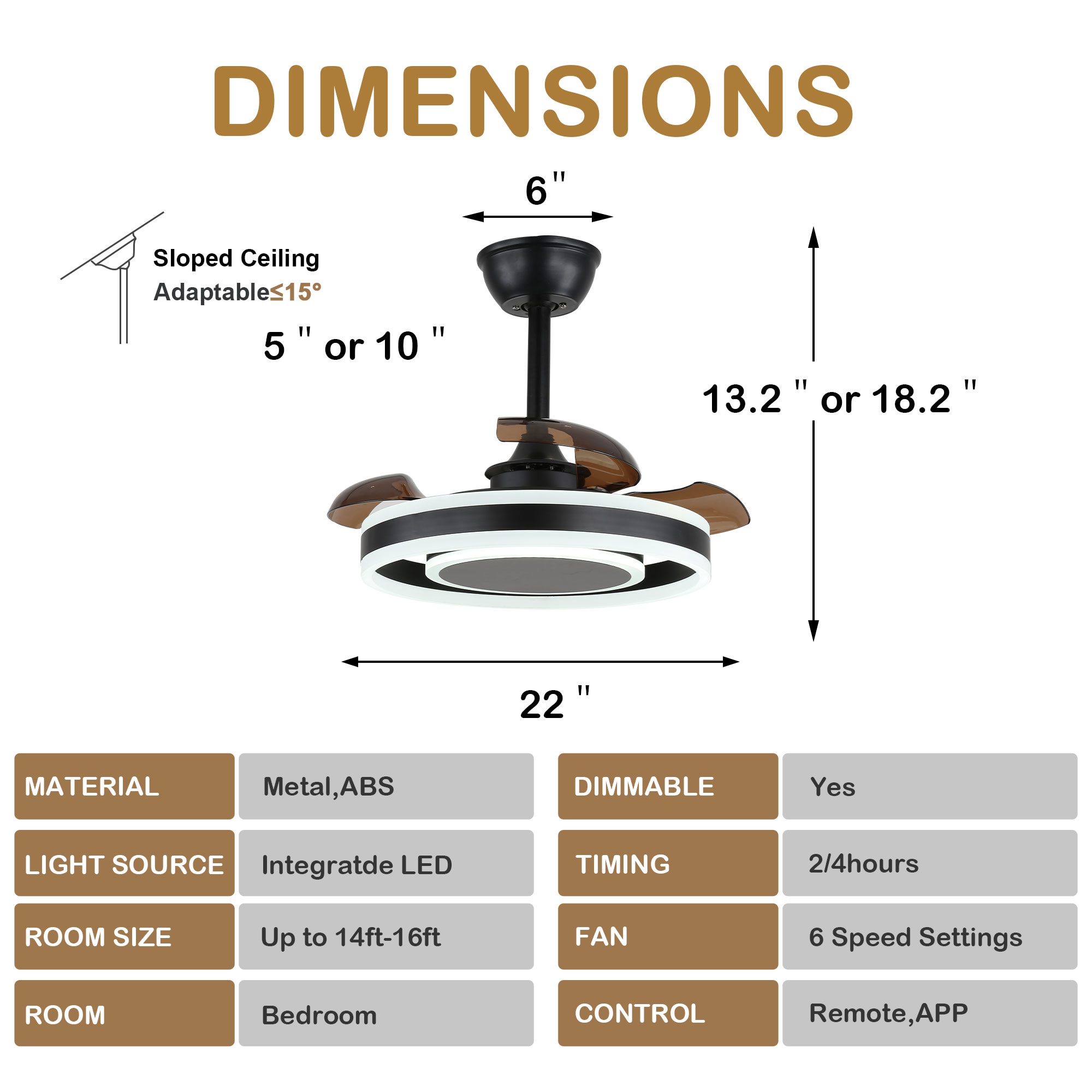22-Inch Black Modern Ceiling Fan with Clear Blades and LED Light