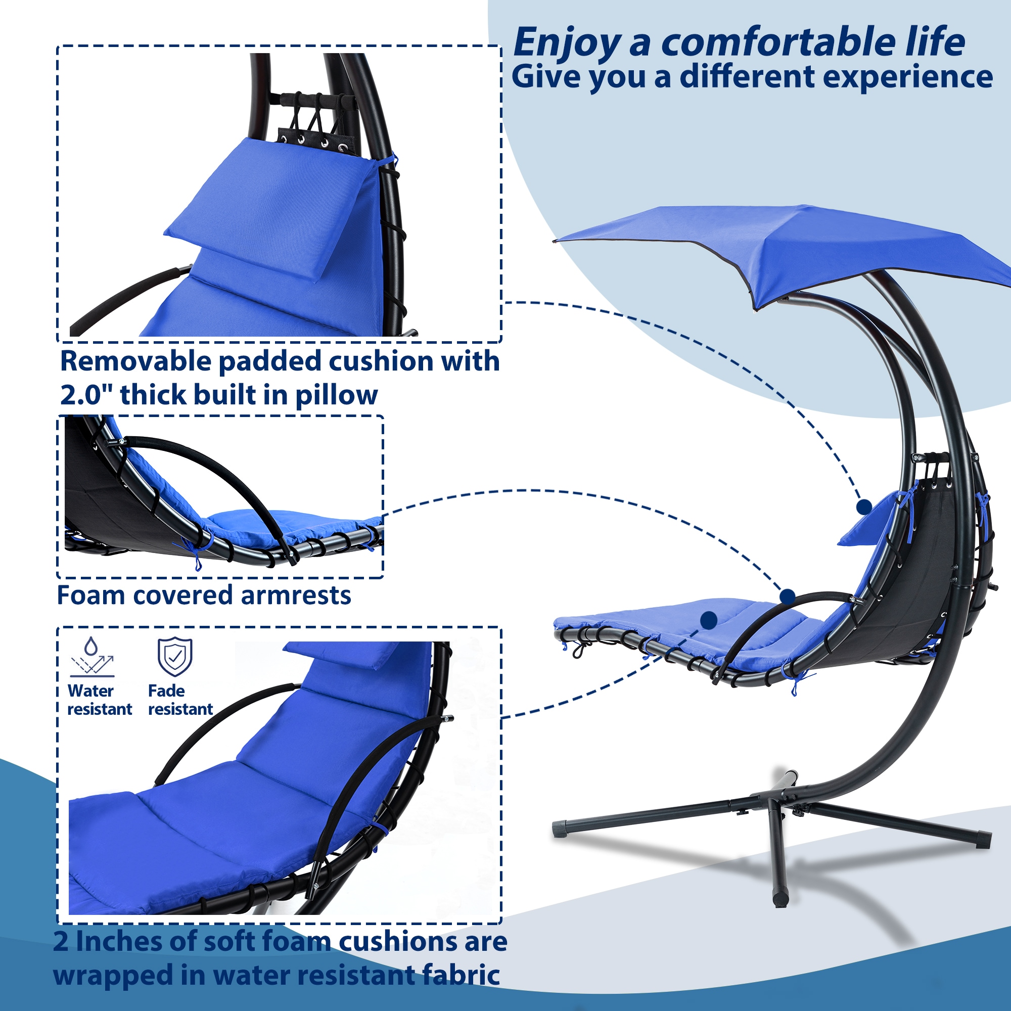 Xspracer PC Navy Blue Metal Frame Hanging Chaise Lounge Chair with ...