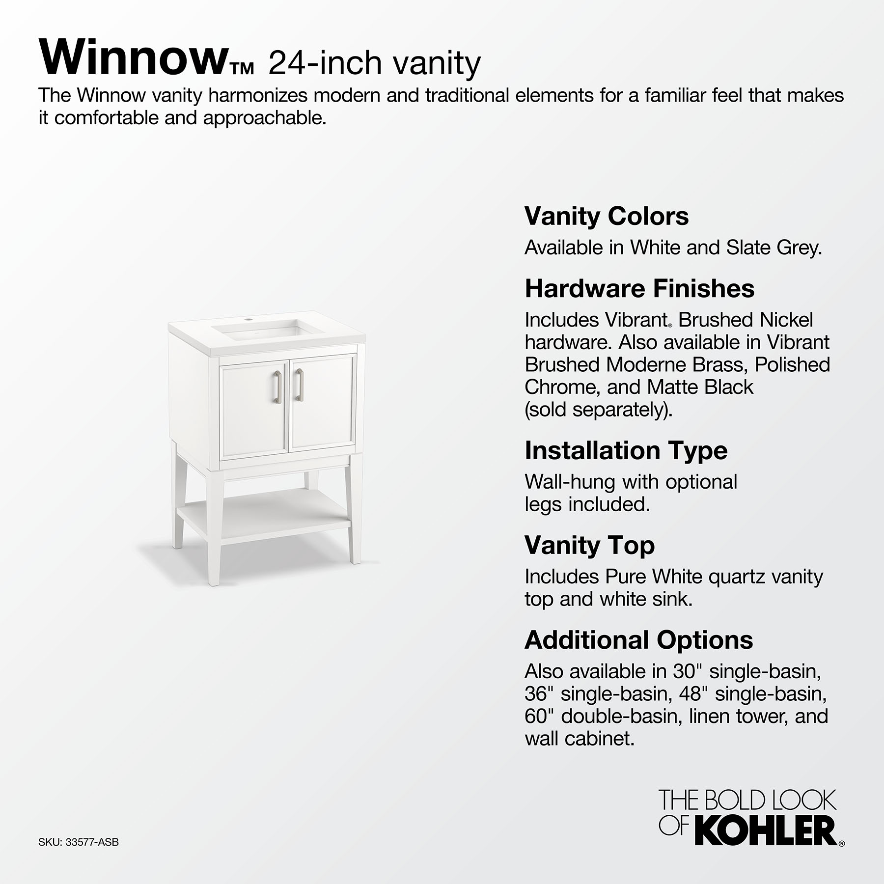 KOHLER Winnow 24 In White Undermount Single Sink Bathroom Vanity With   48133402 