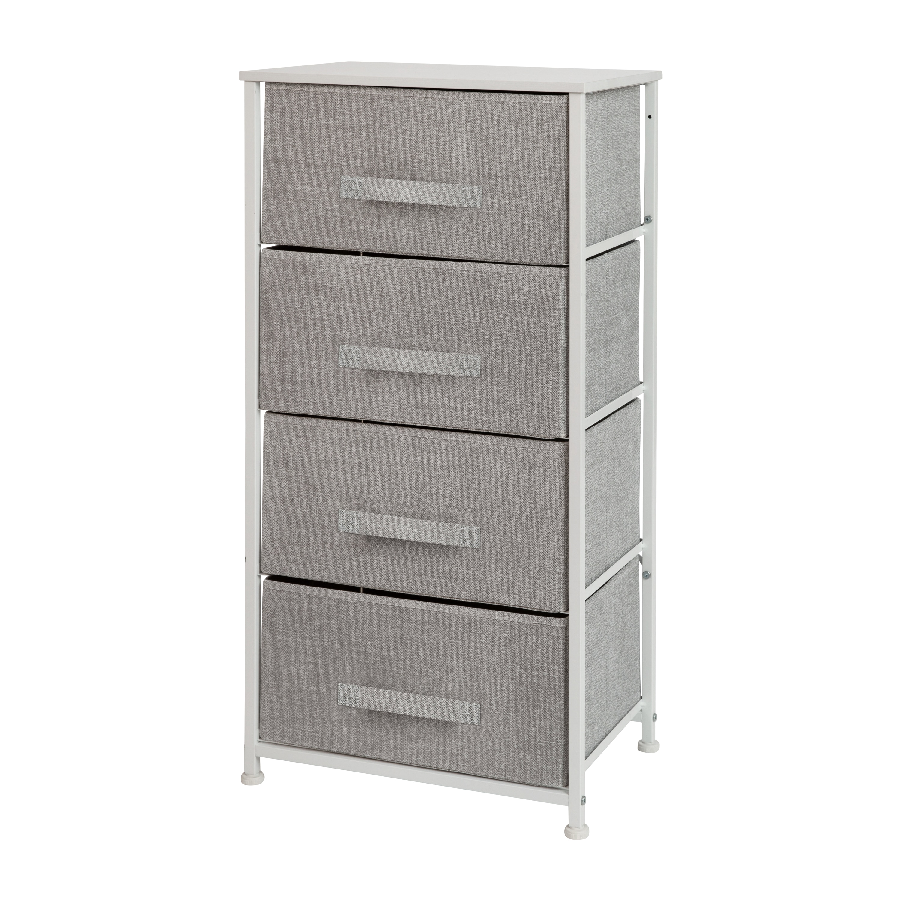 Flash Furniture 889142993544 Harris 4 Drawer Wood Top White Cast Iron Frame Vertical Storage Dresser with Light Gray Easy Pull Fabric Drawers