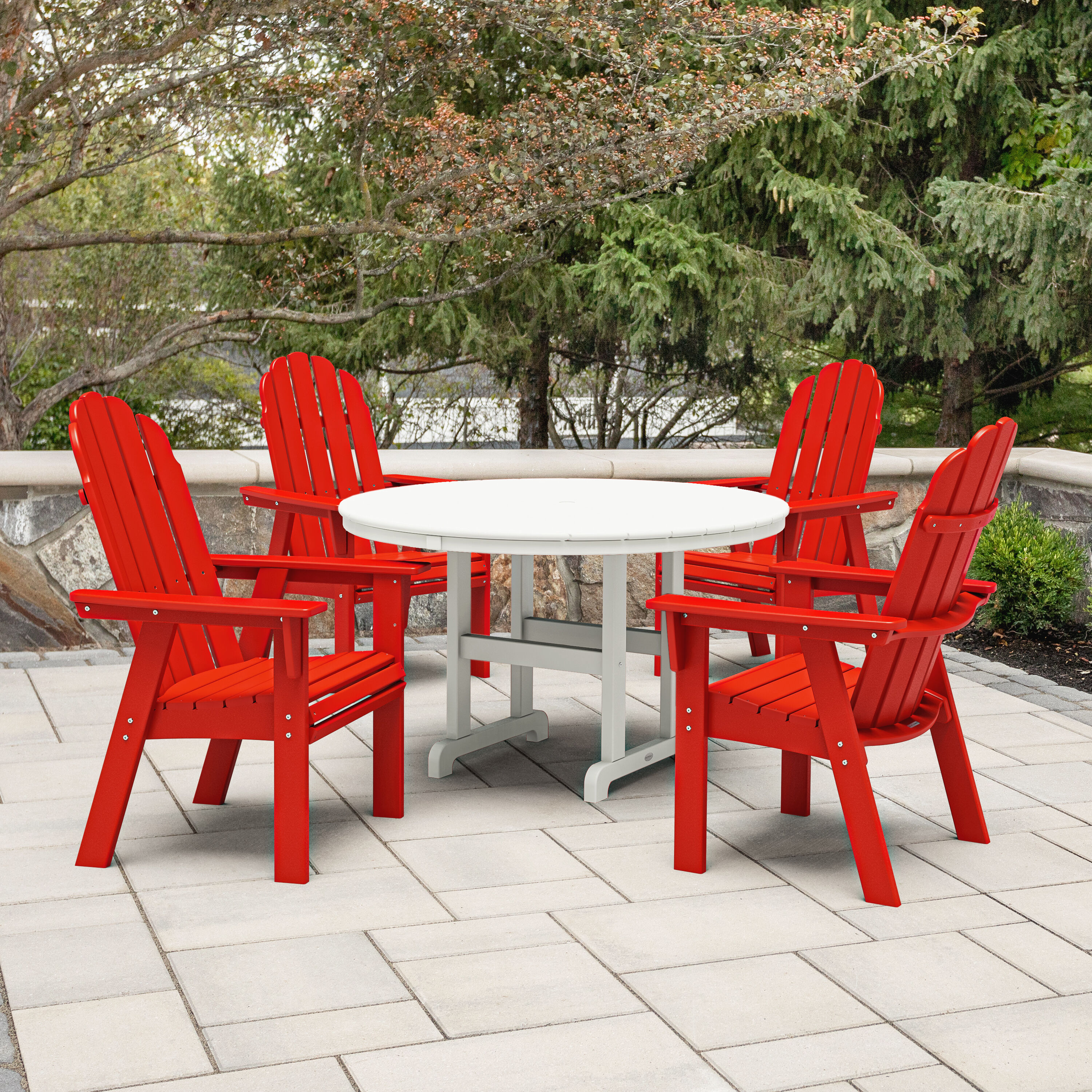 allen + roth by POLYWOOD PWS2727-1-11422 Oakport 5 -Piece Sunrest Red/White Patio Dining Set Plastic Round Table with 4 Stationary Chairs