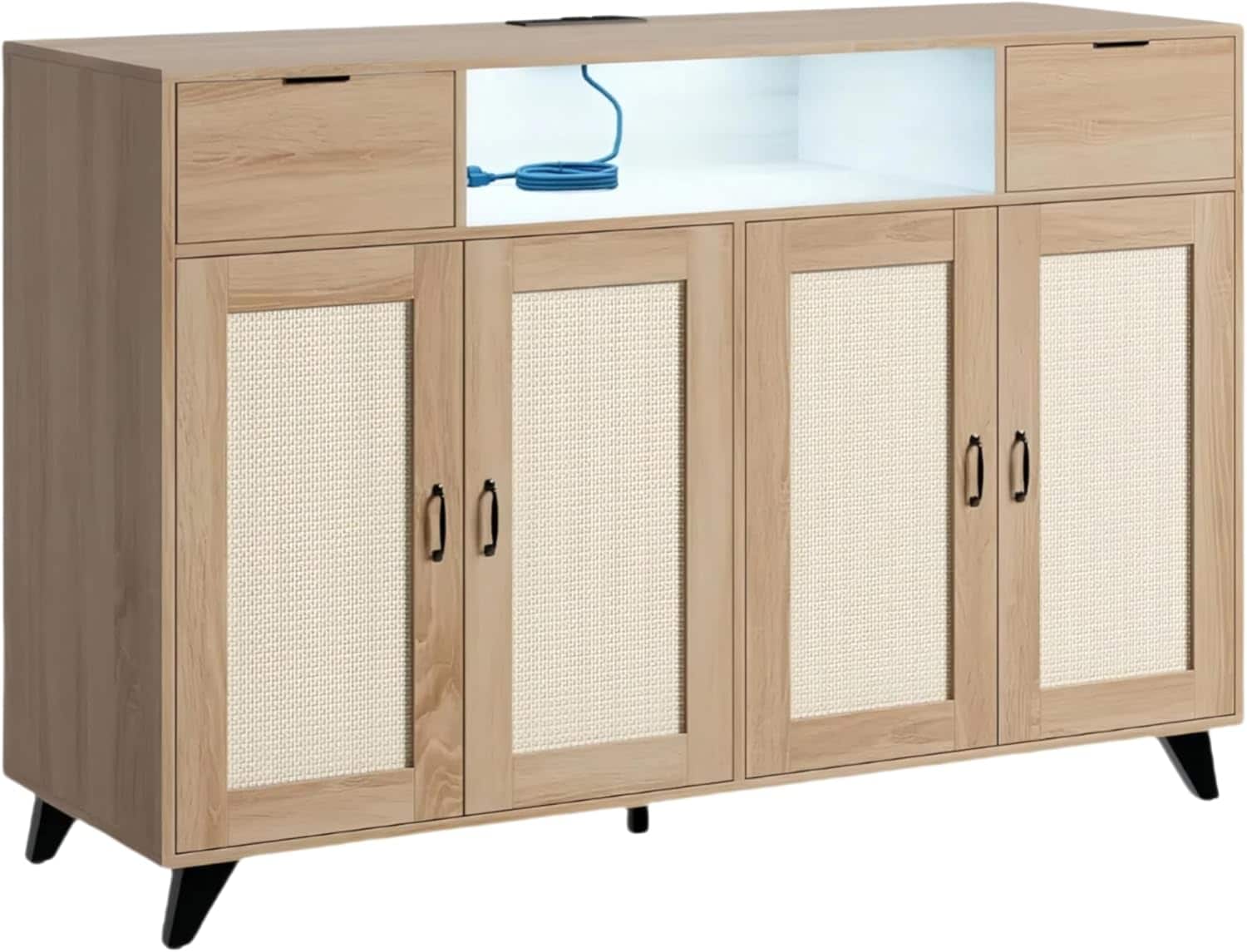 GAOMON Rattan sideboard with LED lights outlet two drawers two doors adjustable shelves for dining room and living room