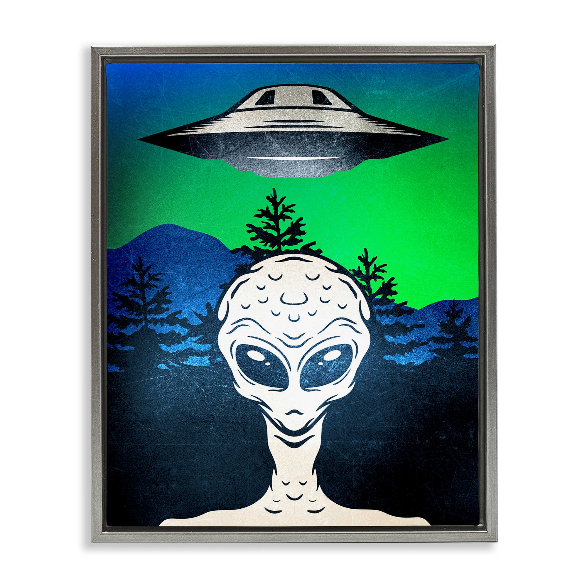 Stupell Industries BS-069-FFL-16X20 Alien and UFO Scene Gray Framed Floater Canvas Wall Art By Kim Allen 17 x 21