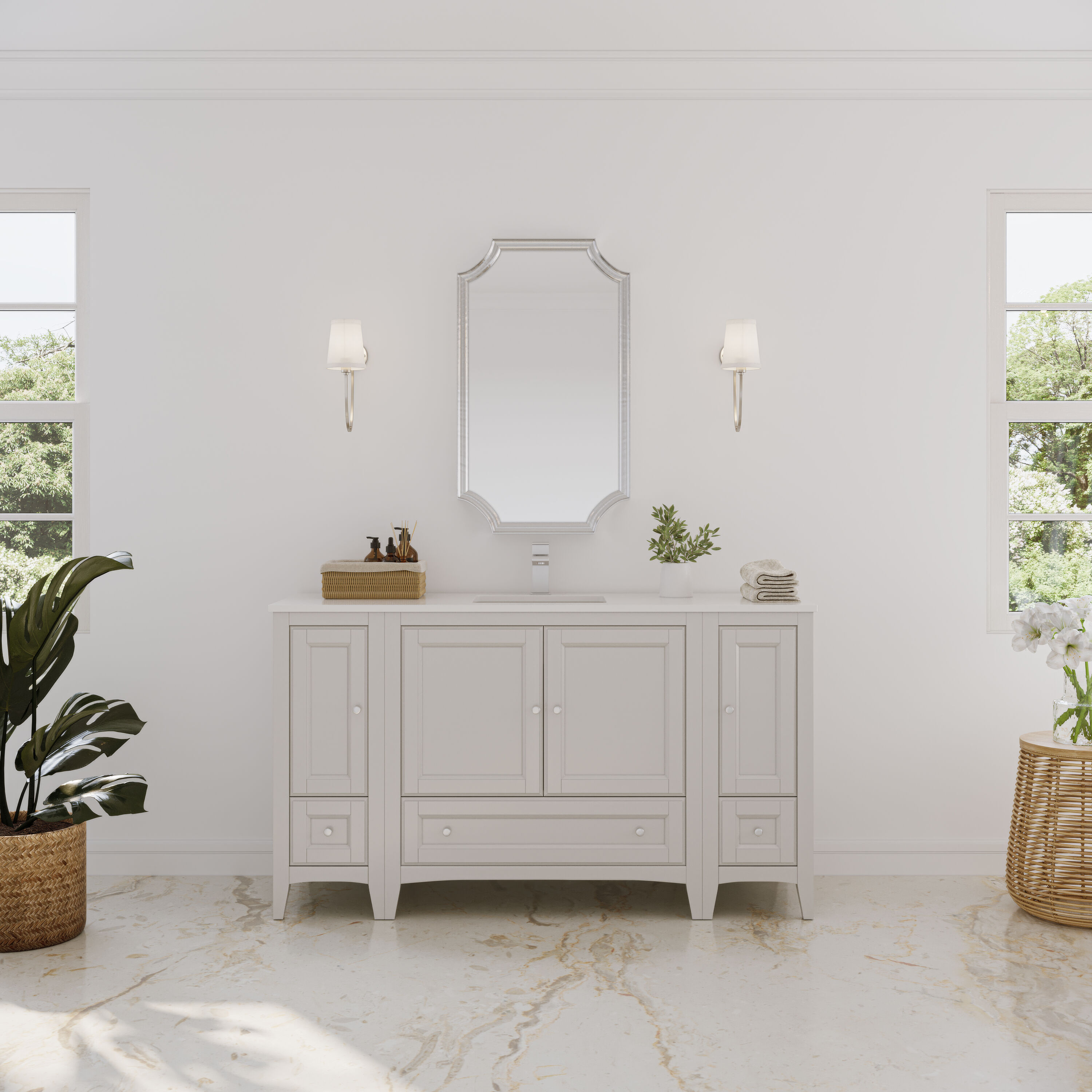 Fresca FCB20-123612AW-CWH-U Oxford 60-in Antique White Undermount Single sink Bathroom Vanity with White Quartz Top