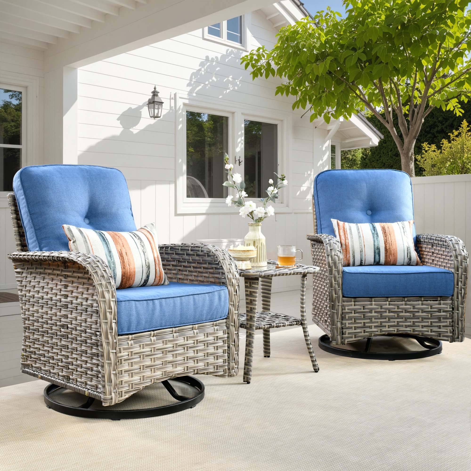 Ovios VNC-5Y 3-Piece Wicker Patio Conversation Set with Blue Cushions