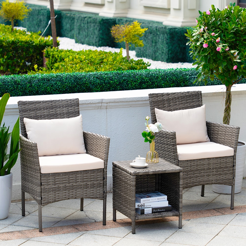 Grearden 3-Piece Patio Conversation Set 3-Piece Rattan Patio Conversation Set with Off-white Cushions