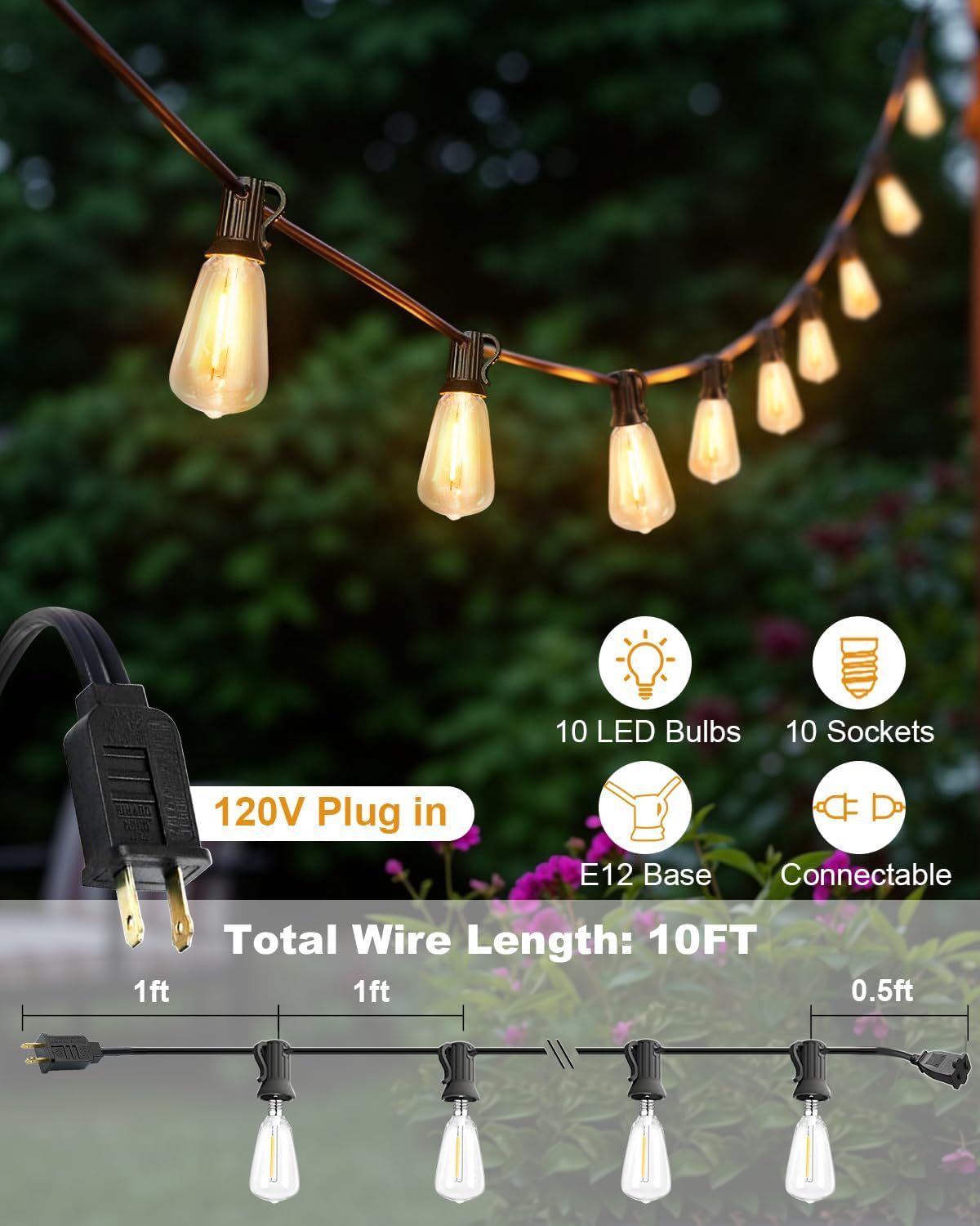 Etokfoks 10FT Outdoor String Lights 10PCS ST38 1W LED Edison Bulbs ...