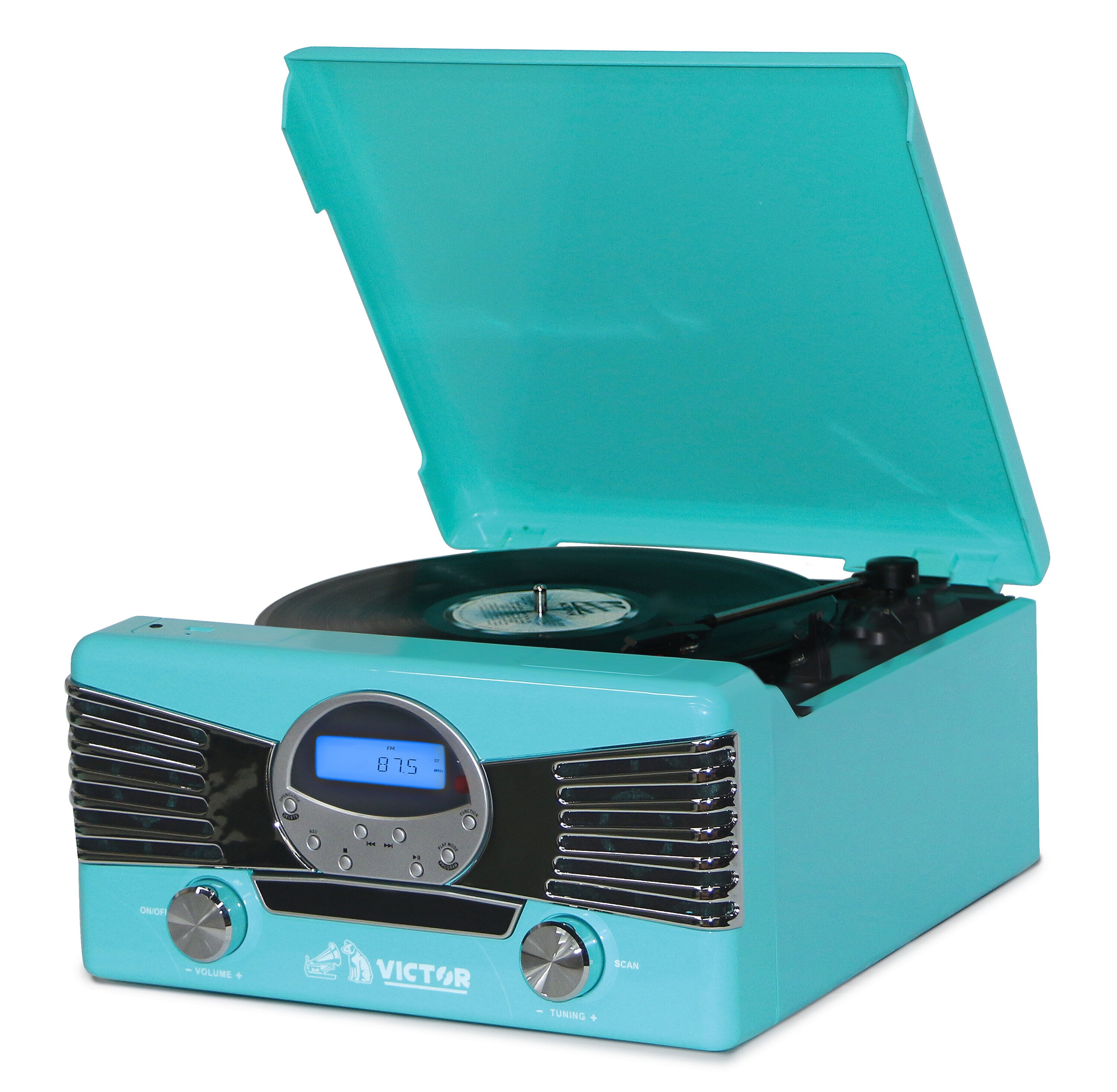 Blue Bluetooth 3-Speed Turntable with Built-In Speakers, CD Player, Radio, and USB Connectivity | - Victor VHRP-1400-TQ