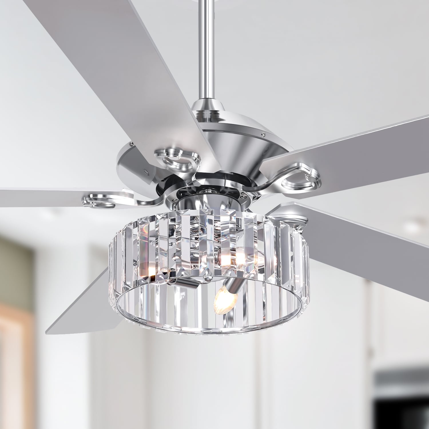 Breezary 24003-CH 52-in Chrome with Silver Blades Chandelier Ceiling Fan With Light - Remote Included ( 5 -Blade )
