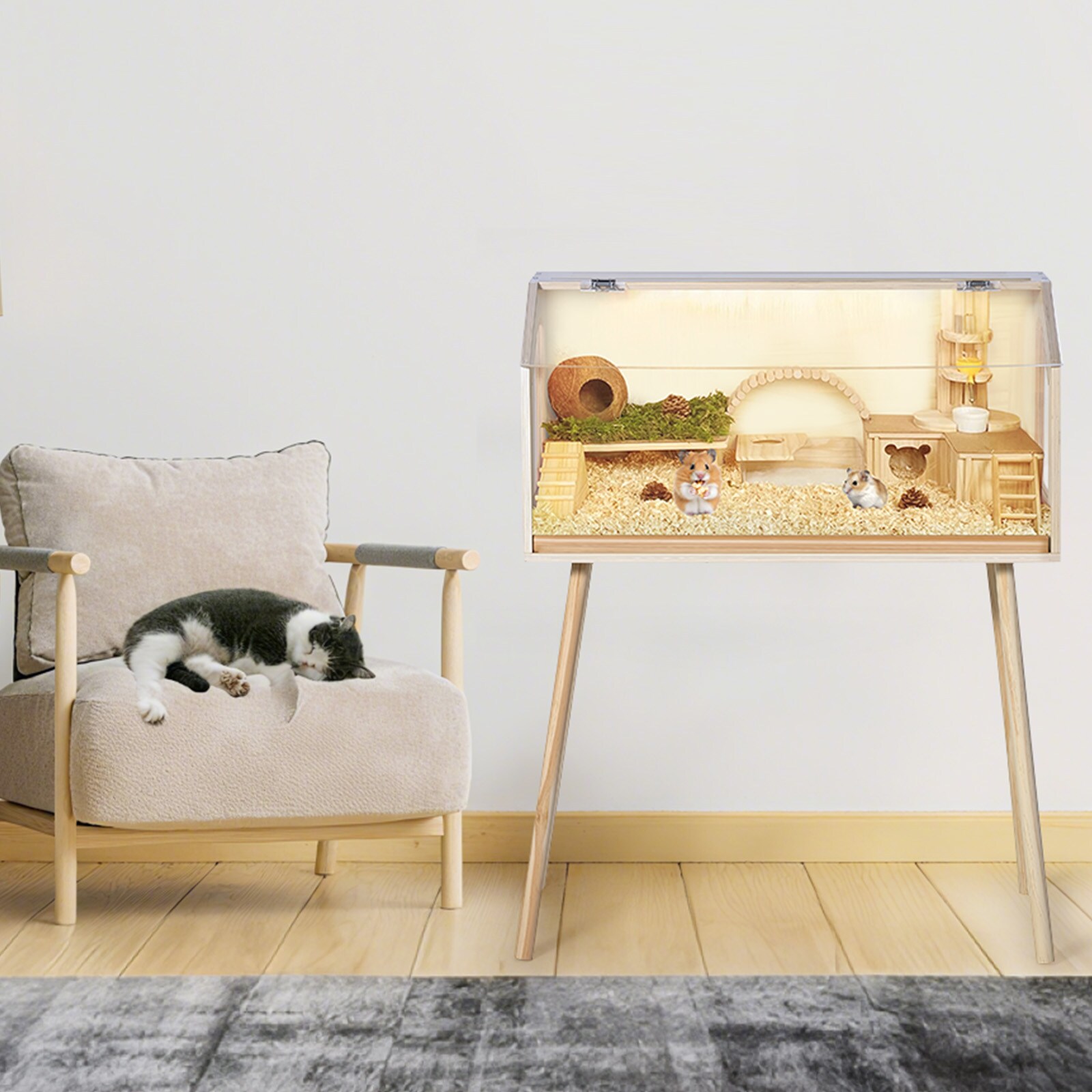 IdealHouse Wooden Hamster Cage with Legs 32 in L x 16 in W x 40 in H Guinea Pig Cages Chew Proof Large Hamster Habitats Enclosure with Acrylic Window and Openable Top for Guinea Pig Chinchilla Gerbil
